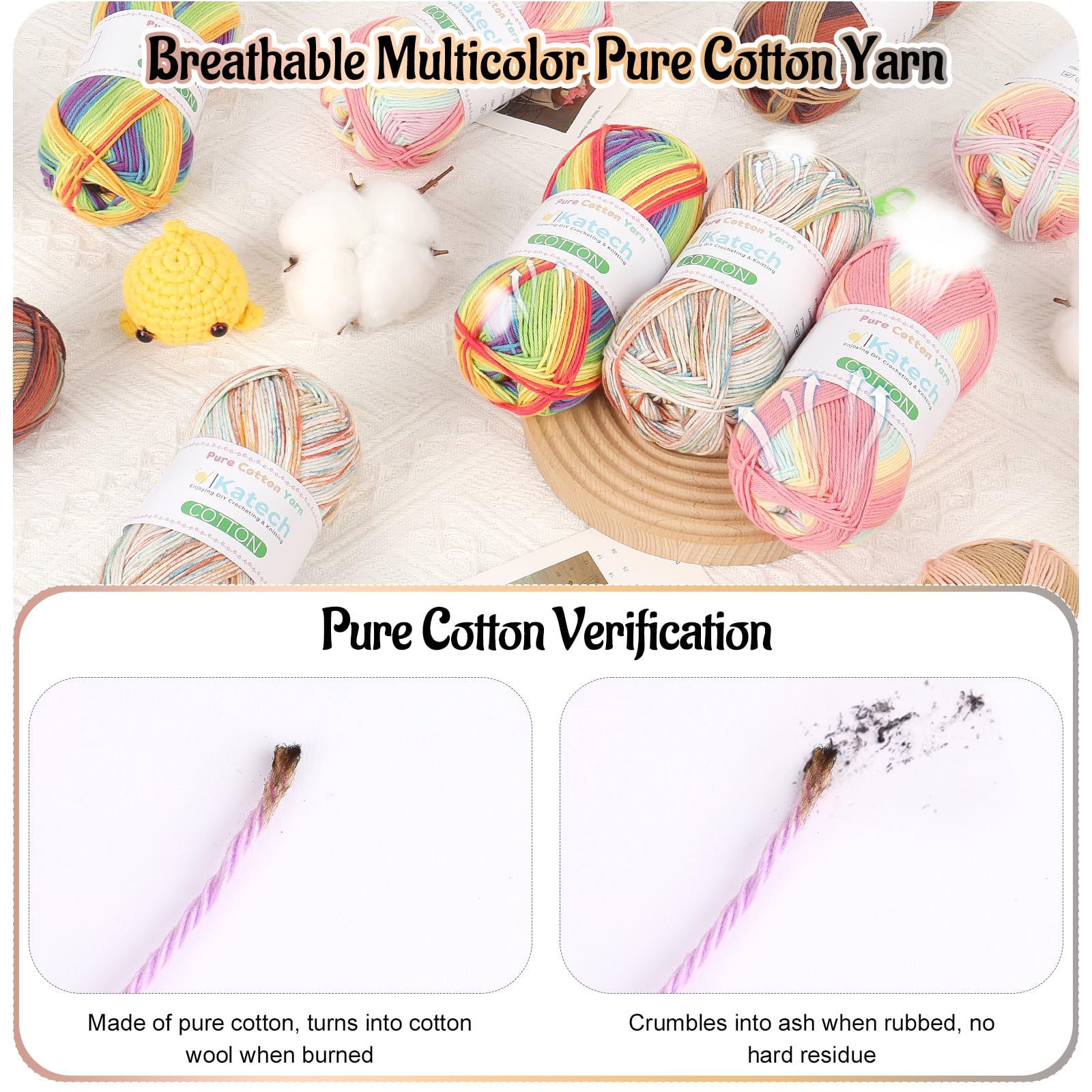 Katech 1OO% Ombre Cotton Yarn for Crocheting - 2 Sport Weight Baby Yarn for Knitting - 6 Pcs of 50g(1.76oz)/160m(175yd), Fine Soft Multicolor Yarns for Baby Blankets, Afghans, Shawls, Dress, Hats (D) — view 4