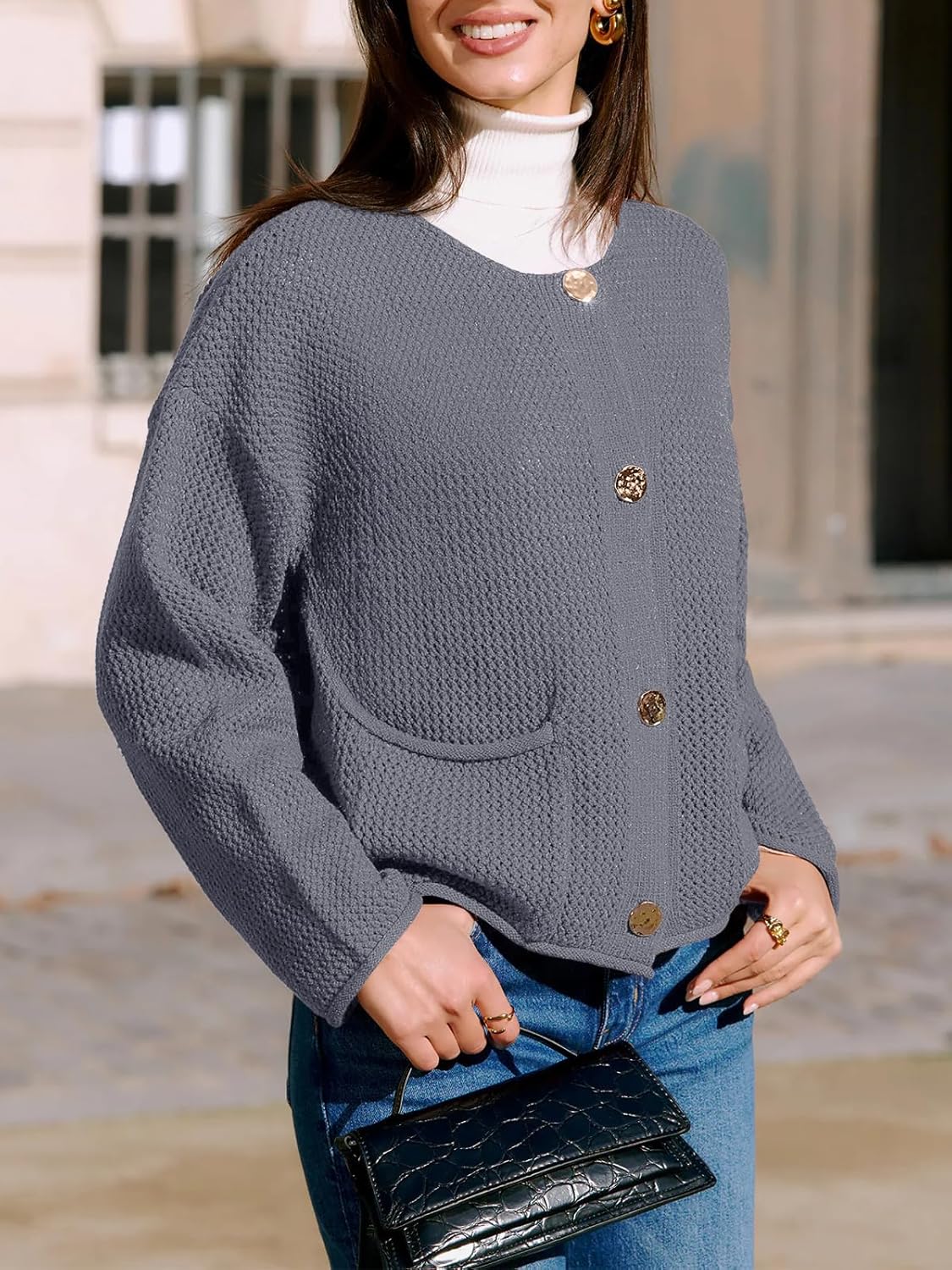 Women's Lightweight Button Cardigan Crewneck with Side Pockets Long Sleeve Open Front Sweater Tops - Image 3