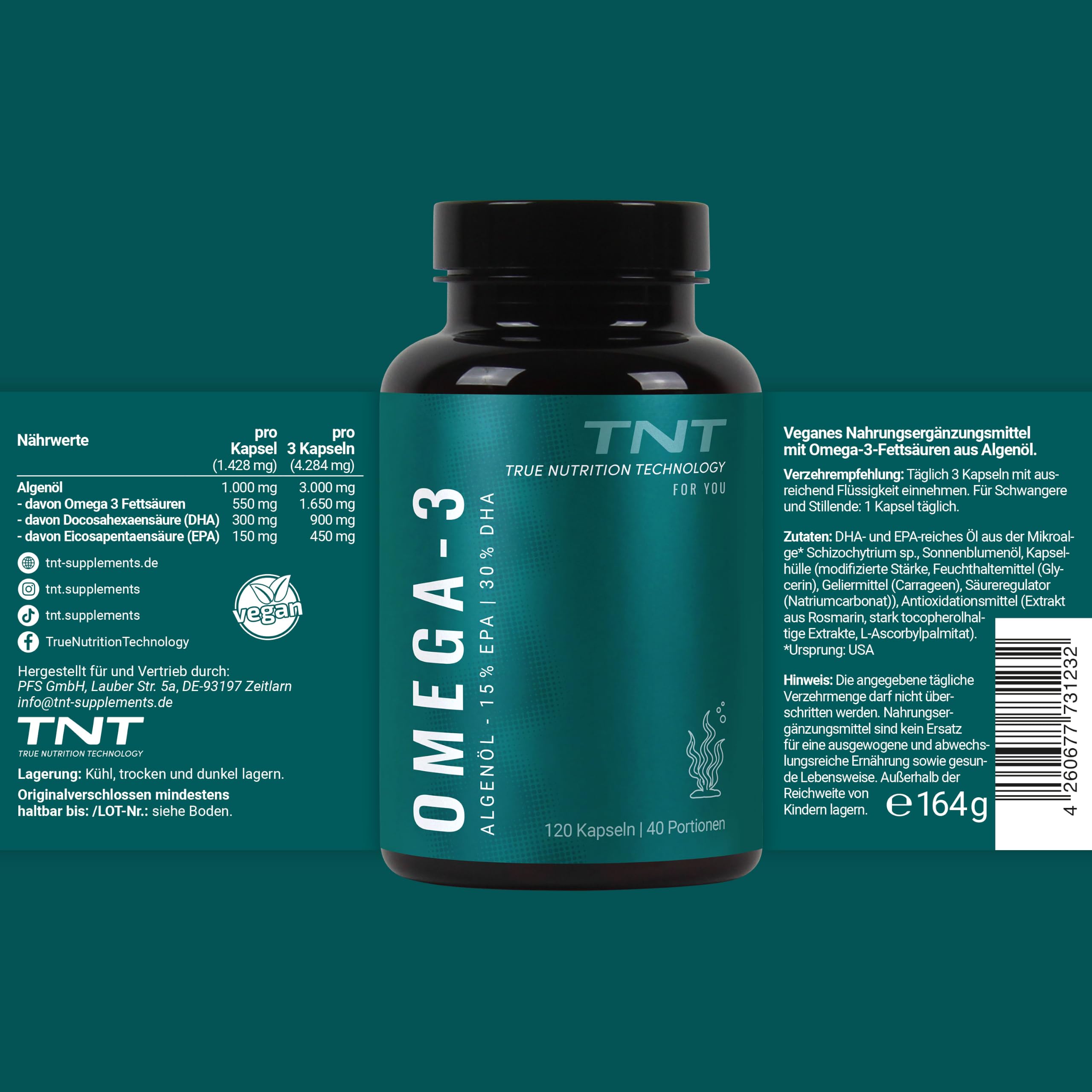 TNT Vegan Omega 3 Kapseln - Aus Algenöl - 120 Stück - 15% EPA & 30% DHA