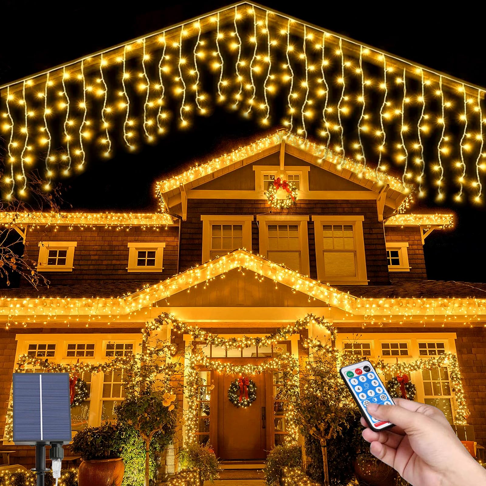 Luces de Carámbano Solar, 5M Impermeable Cortina de Luces, 16pcs*0.8M 128LEDs Cortina de Luces Solares 8 Modos Cadena de Luz con Control Remoto para Vacaciones Patio Jardín Boda