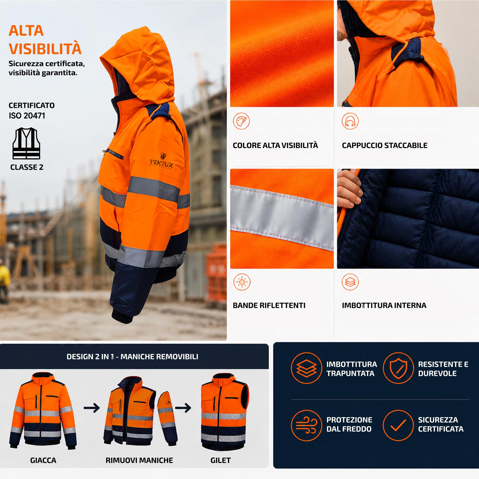 Giacca ad Alta Visibilità Softshell Imbottita con Catarifrangenti, Anti-Pioggia, Arancione/Blu Navy