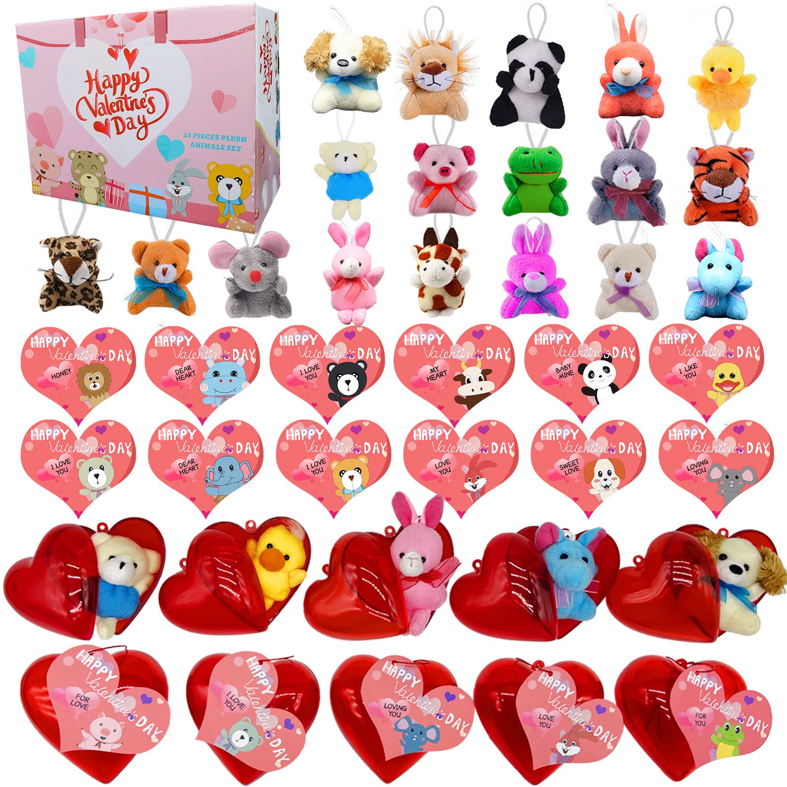 Offerife 24 Pack Mini plush Animals Toy Set, Cute Small Bulk Stuufed Animal Gift Cards for Kids Classroom with Heart Shaped Boxes, Exchange Gift for Children's Day and Party Favor