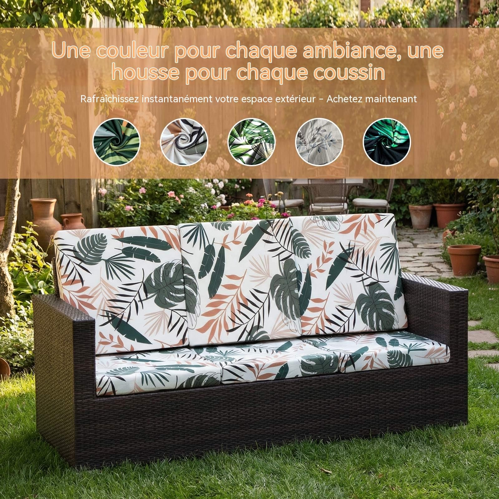 LiveGo Housse de coussin extensible pour canapé de jardin - Housse de coussin de remplacement pour mobilier d’extérieur - Protège-canapés de chaise - Souple et flexible - (8, Coconut Grove)