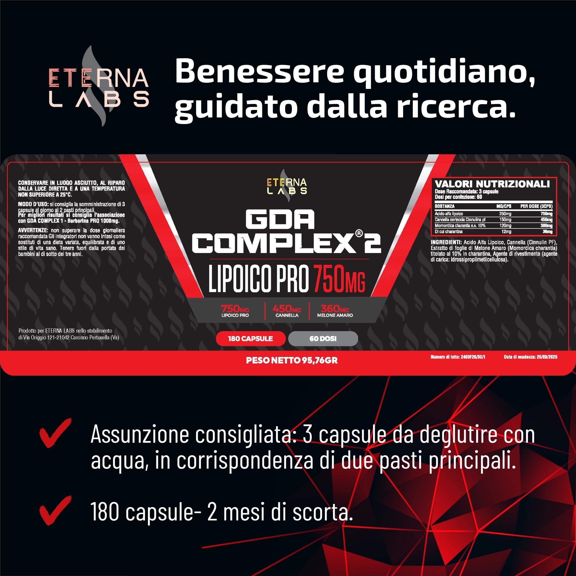 Acido Alfa Lipoico GDA Complex 180 Capsule 750mg/dose con Cannella e Melone Amaro - Integratore ALA per Metabolismo Energetico e Stress Ossidativo