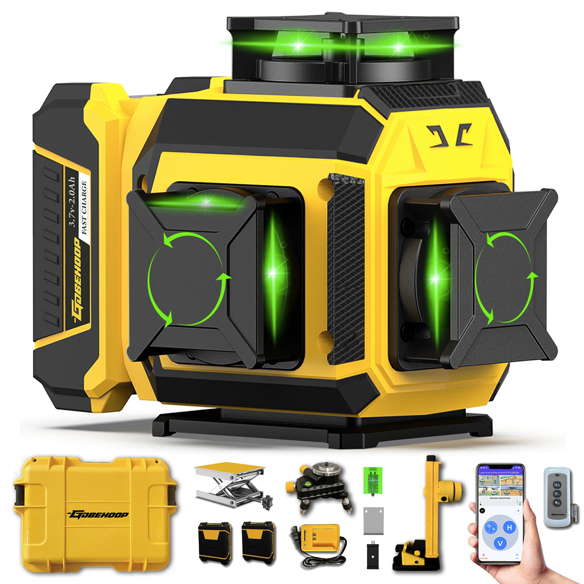GOBEHOOP 12 Lines 3x360° Self-Leveling Green Laser Level, Durable & High Accuracy 3D Cross Line Laser Level with LED Digital Display, Tilt/Pulse Mode, Bluetooth Remote Control, Rotary Window, Li-ion