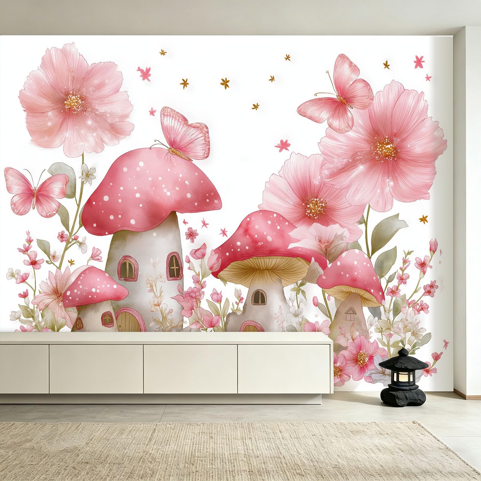 Panoramiczna tapeta Rośliny Akwarela 200 x 140 cm (dł. x wys.), dekoracja ścienna do pokoju dziecięcego salon kuchnia - gobelin unikalny i nowoczesny design - grzyby kwiaty motyle