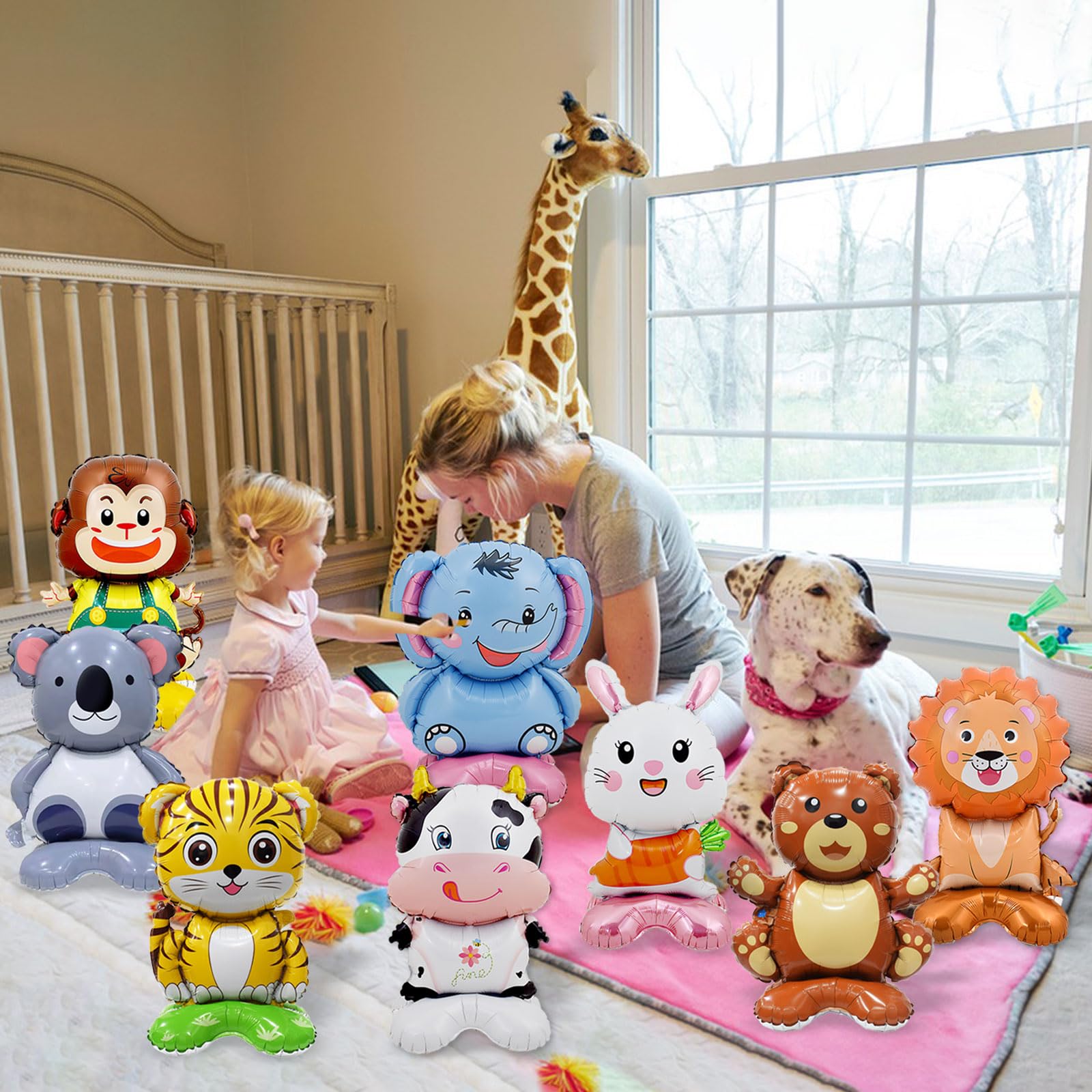8 Pc Standing Cute Animal Foil Balloons - Lion, Bear, Cow, Monkey, Koala, Tiger, Elephant, Bunny - Jungle Safari Zoo Themed Baby Shower Birthday Party Decorations