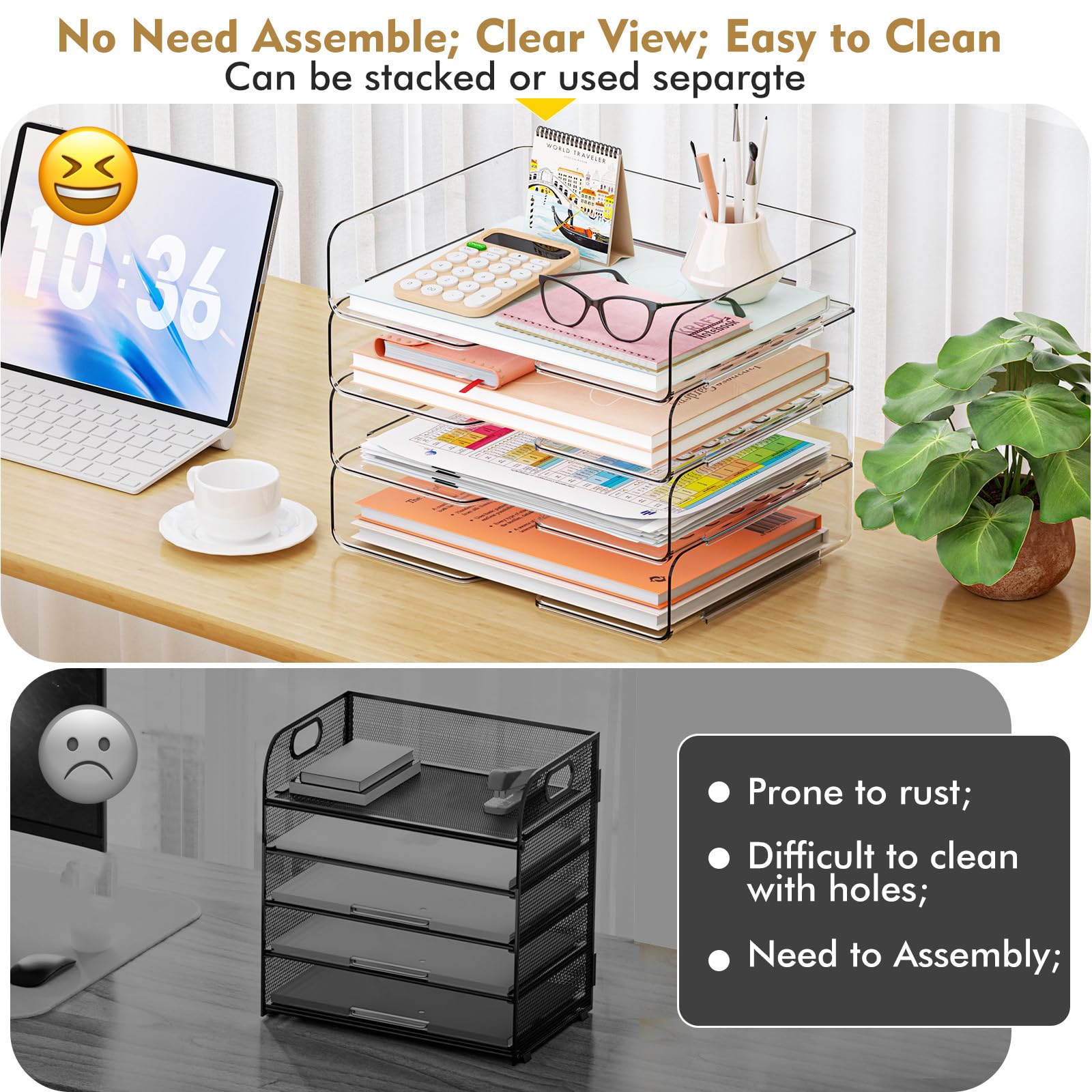 Paper Letter Tray Organizer, 3 Tier Clear Acrylic Desk File Organizer With Bottom - View #9