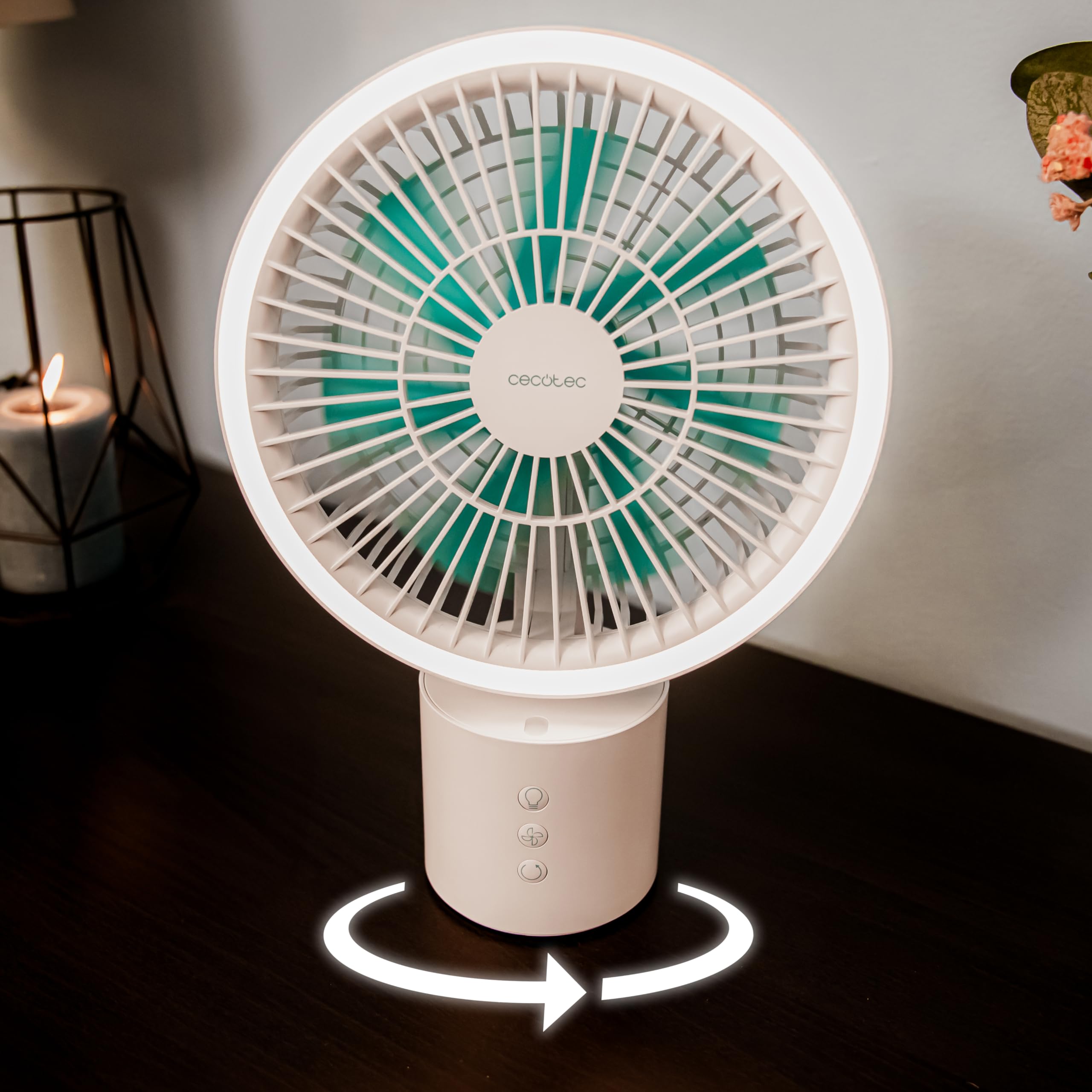 Cecotec Ventilador de Sobremesa a Batería EnergySilence 8000 Portable Light Desk, 8000mAh, Gran Autonomía, 8 Pulgadas, Aro LED, Oscilación 360º, Inclinación ajustable, 4 Velocidades