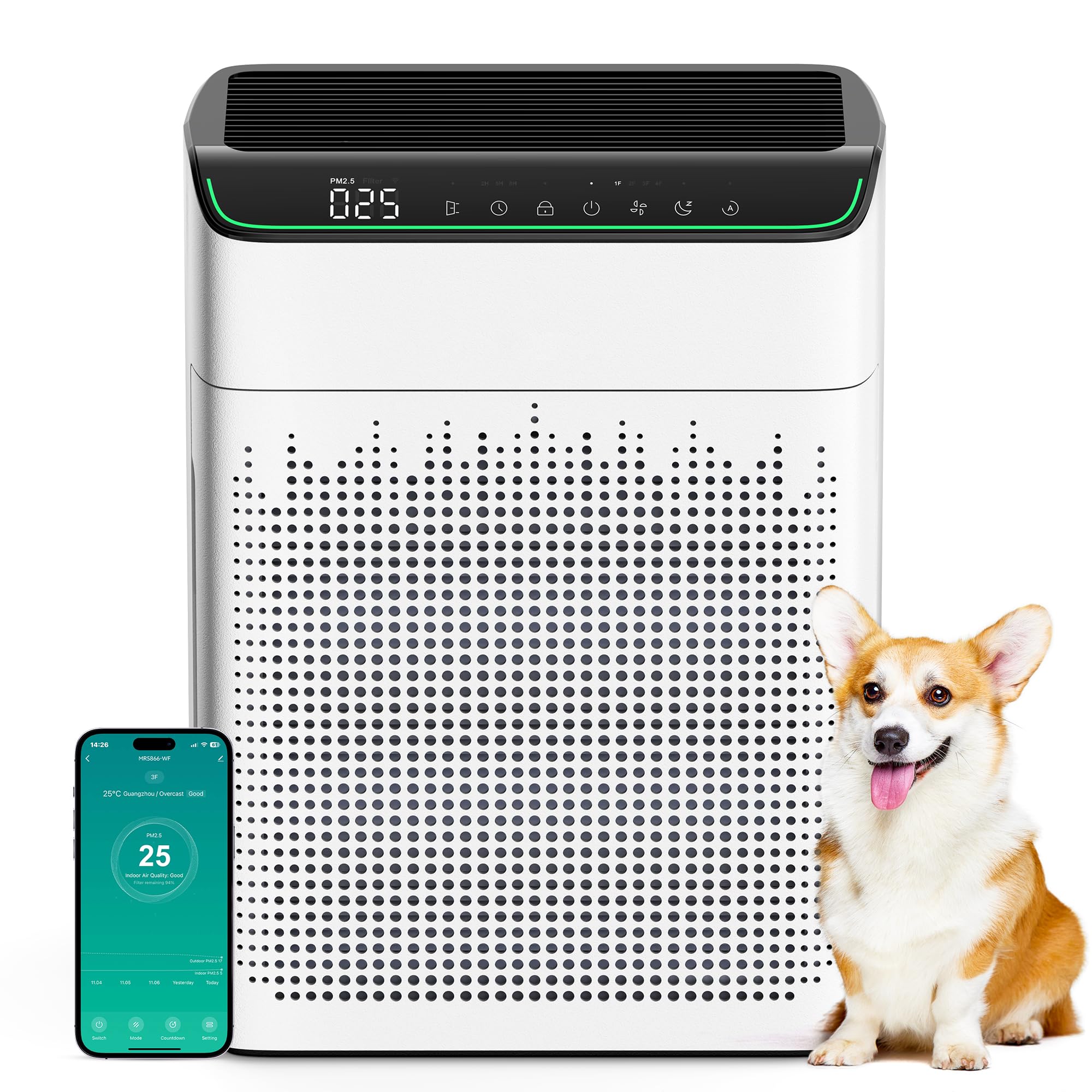 air purifier for home large room up to 1690 ft hepa filter with pm 25 monitor wifi and alexa compatible dual air intake for smoke odor pets white