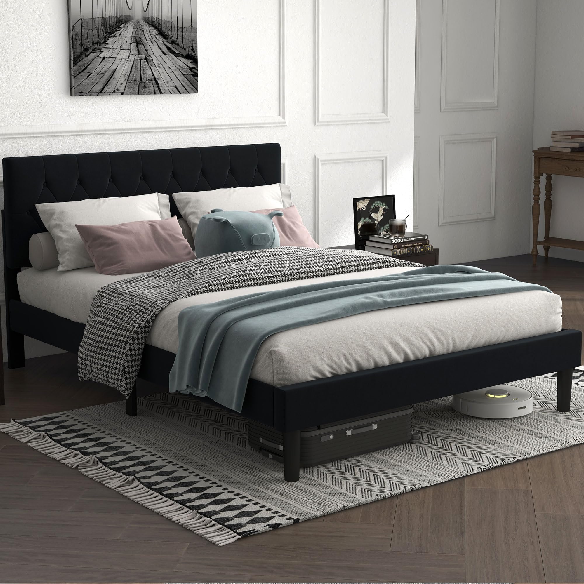 Bonzy Home Queen Bed Frame with Upholstered Headboard, Modern Platform Bed Frame Queen Size with Under-Bed Storage Space, Button-Tufted, Solid Wooden Slats, No Box Spring Needed, Black