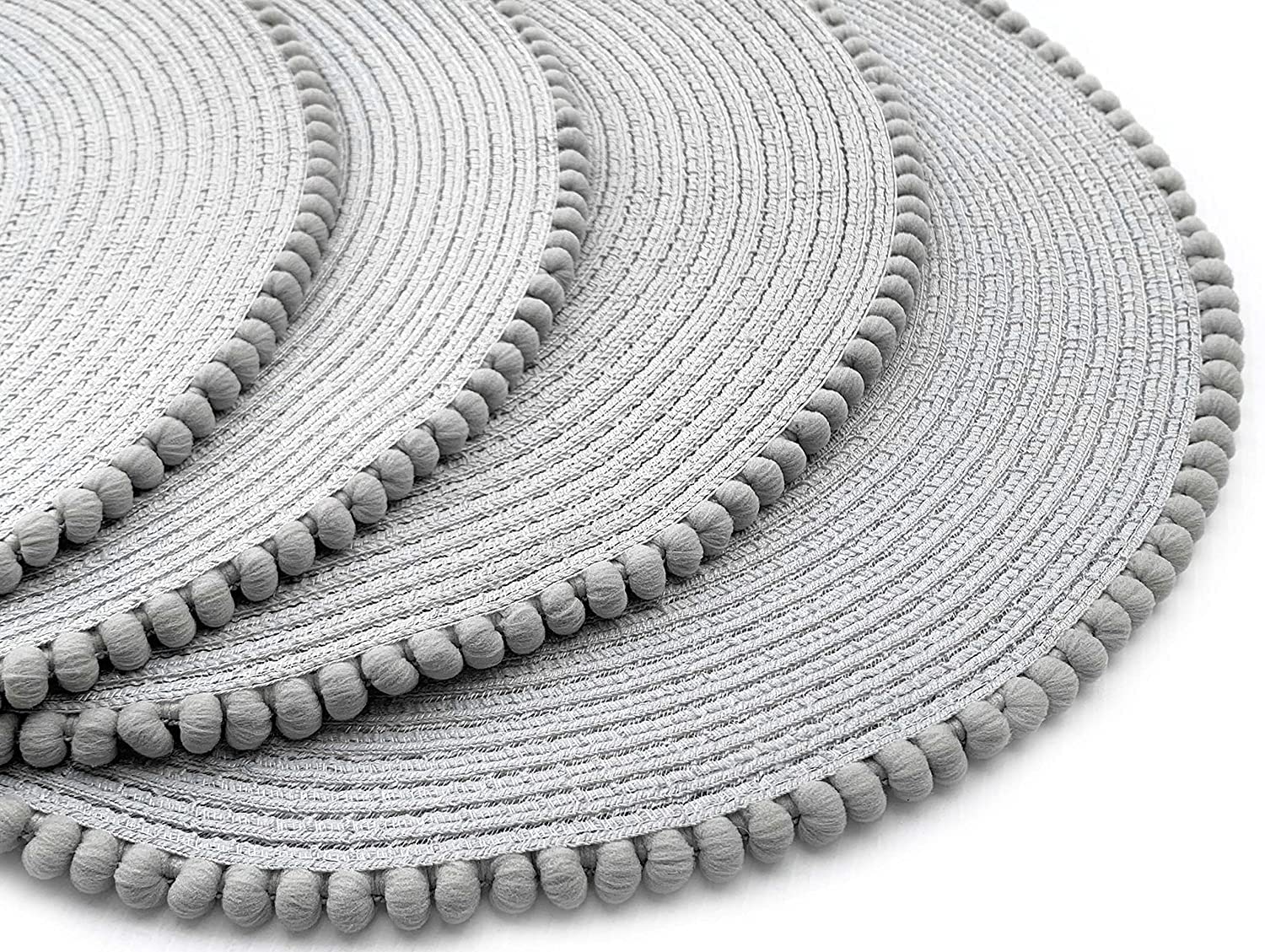 GBS Round Placemats Set of 4-15 Inch Washable Waterproof Braided Place Mats with Tassel Design, Heat Resistant Mat – Non-Slip Vinyl Grey Table Mats for Kitchen, Dining, Outdoor, & Party Decor