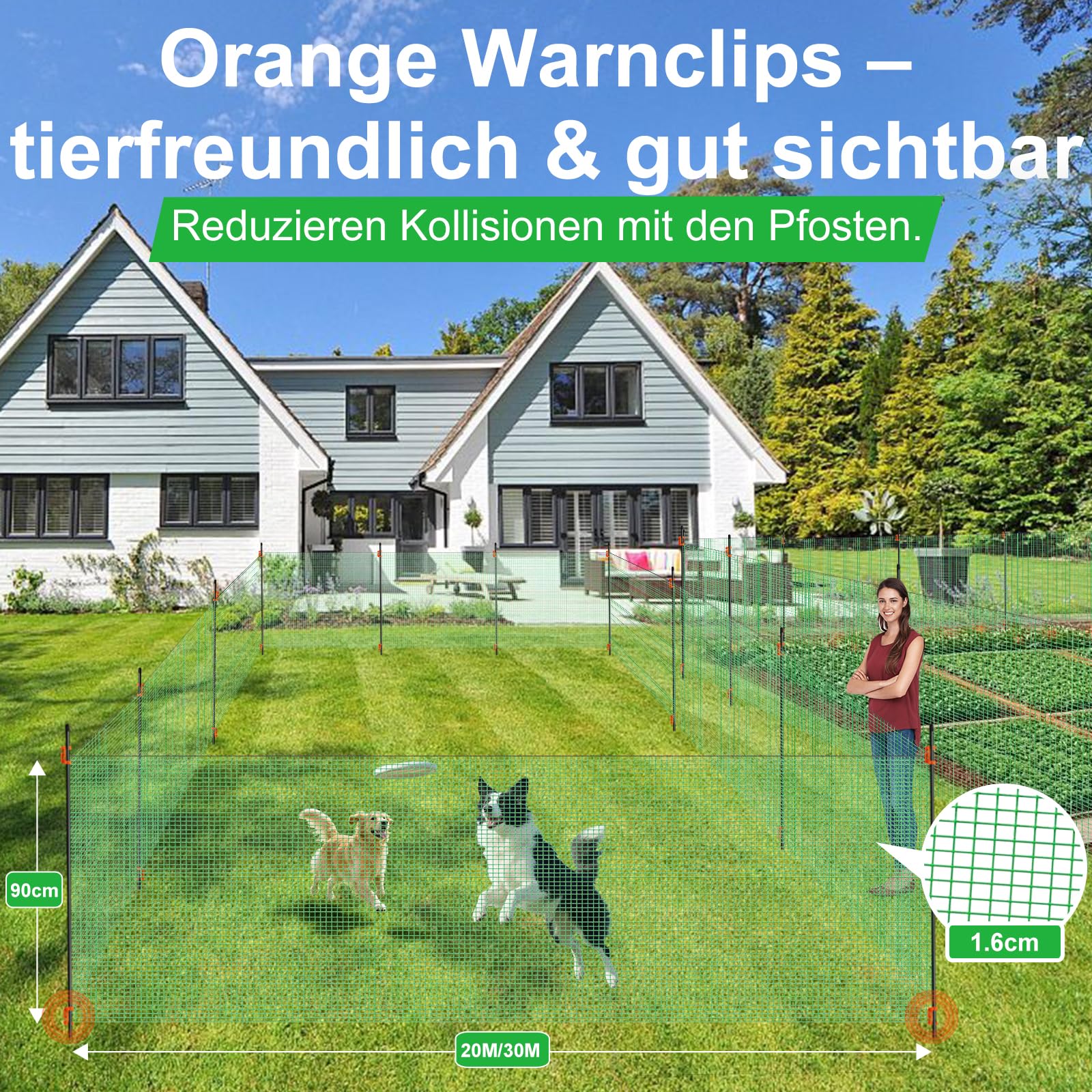 Mobiler Hundezaun 90 cm Höhe, PE-Zaunnetz mit massiven Fiberglasstangen, feinmaschig 1,7 × 1,7 cm, inkl. Fixierclips, für kleine und mittelgroße Hunde, Garten & Camping (HDPE-Netz · 90 cm, 20 m)