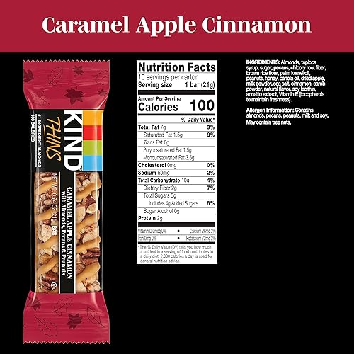 Miniatura 2 de KIND THINS Caramelo Manzana Canela con Almendras, Nueces Pecanas y Maní, Sin Gluten, 100 Calorías, Bocadillos Saludables, 10 Barras (Paquete de 6,