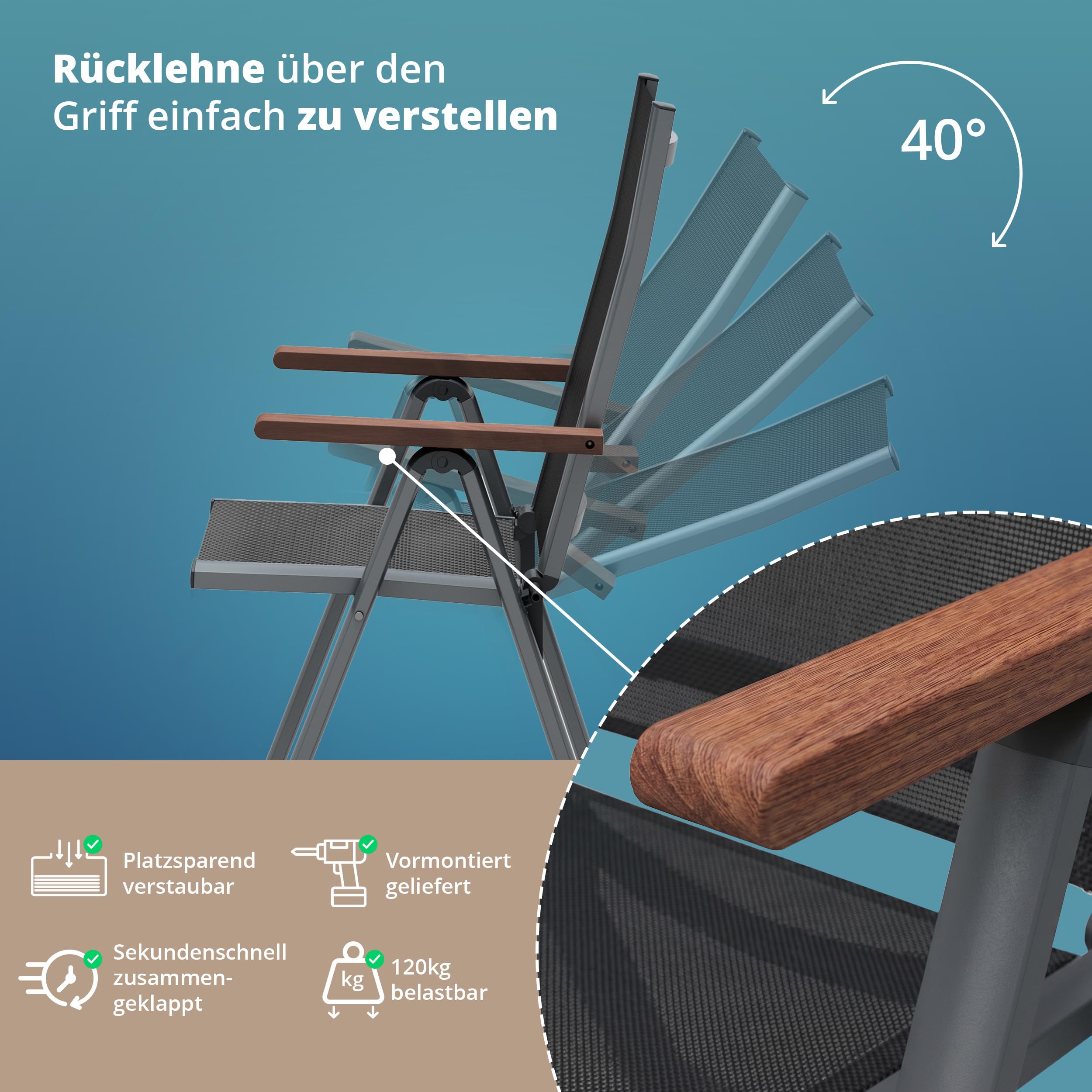 KHG Gartenstuhl klappbar Aluminium anthrazit mit Eukalyptusholz Armlehnen | verstellbare Rückenlehne, Sitzfläche und Lähne au Textilgewebe, wetterfest, für Zuhause, leicht & stabil, für den Alltag