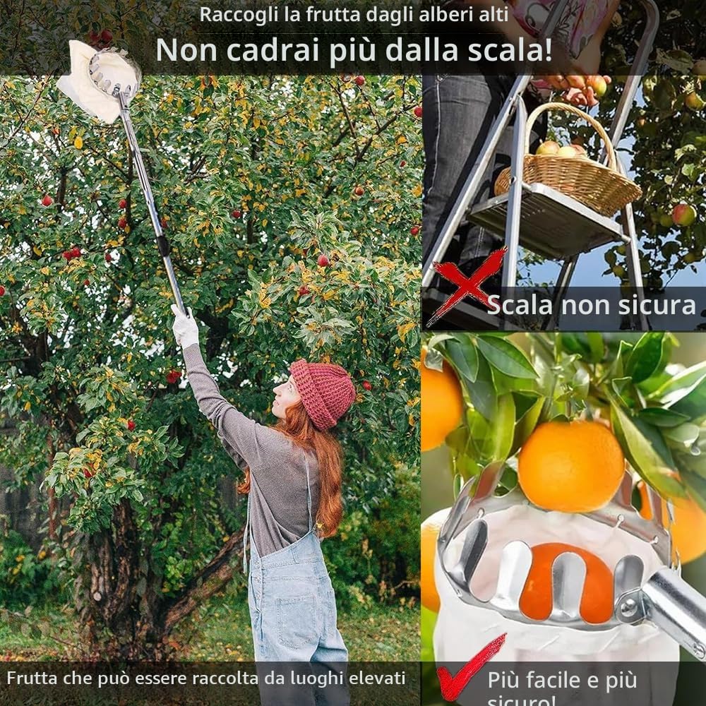Raccogli Frutta da Albero,4M Raccogli Frutta Telescopico,Raccoglitore di Frutta Fatto in Acciaio Inossidabile ,Con Sacchetto di Cotone,Adatto per Mele,Agrumi e Ciliegie
