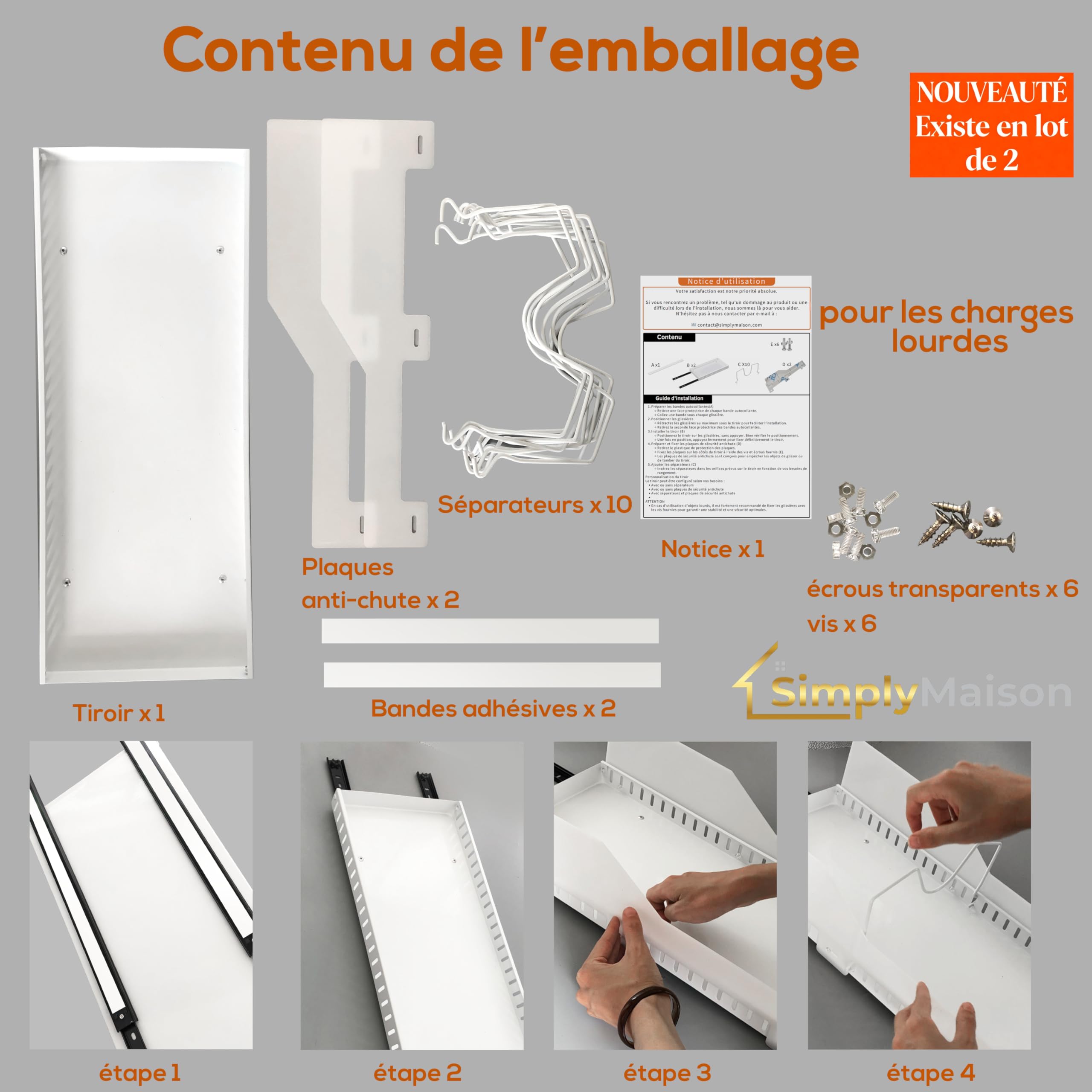 LOT DE 2 Tiroirs coulissants cuisine adhesif - Profondeur XL 52cm - Spécial caisson 60cm -100% Gain de place - Antichute - Range couvercle poele - Sans perçage