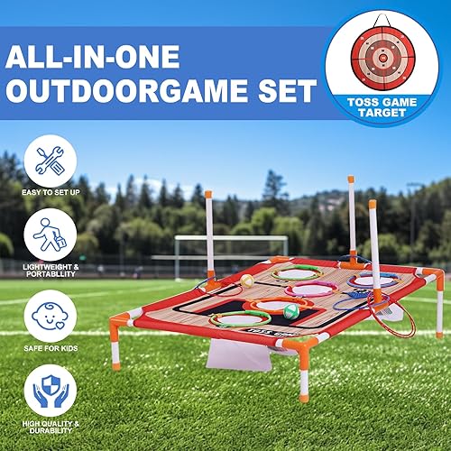 Miniatura 5 de Juegos de patio trasero para lanzar bolsas, lanzar bolas y lanzar anillas, juego de carnaval 5 en 1, juegos familiares para niños y adultos
