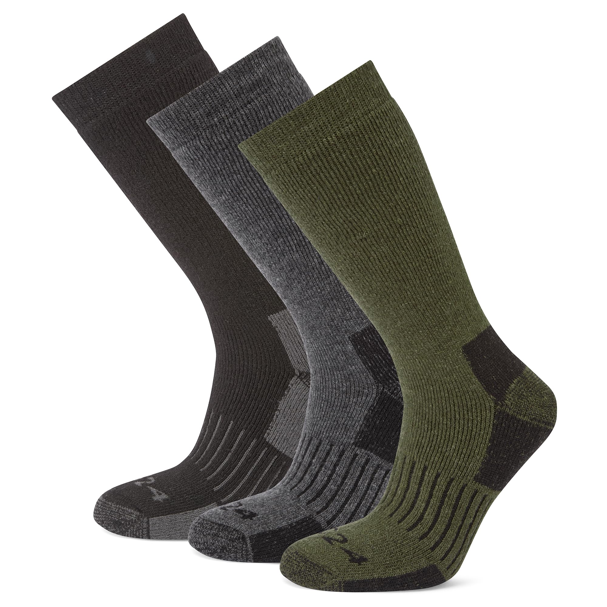 Tog24 Men's Dark Grey Marl/Khaki/Black Villach 3 Pack Trek Socks. Hiking Socks Made From A Merino Fabric Blend. These Walking Socks Feature All Over Cushioning, Non-Slip Grip Cuff, Re-Inforced Toe & Heel Medium