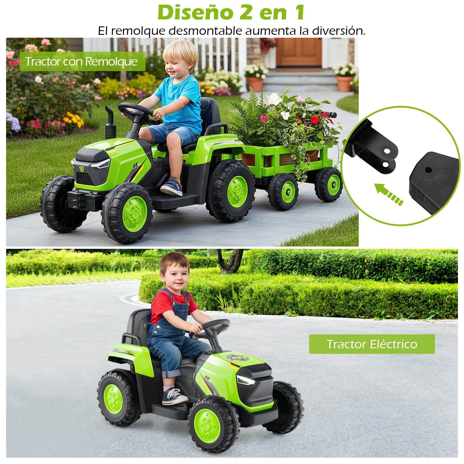 COSTWAY Tractor Eléctrico para Niños 12V, Coche Eléctrico para Niños con Remolque Desmontable, Mando a Distancia, Faros LED y Música, Tractor Juguete a Batería para Niño de 3 a 8 Años (Verde)