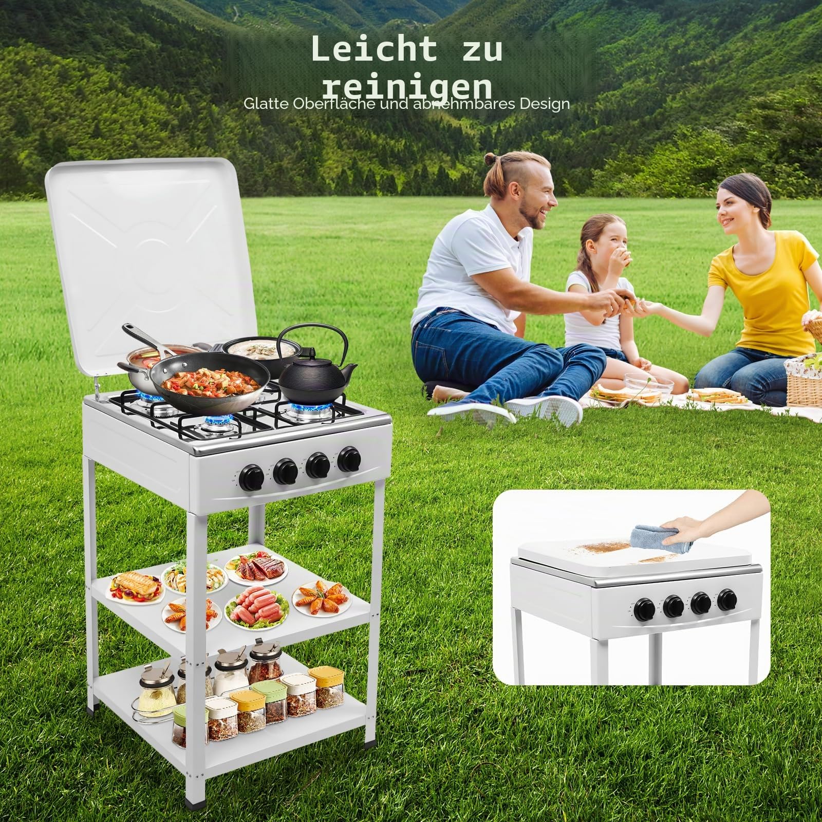 Gaskochfeld 4 Flammen, Campingkocher, Freistehender Naturgasherd mit Doppelten Ablageflächen, Camping Gaskocher mit Deckel, Tragbarer Campingofen für Camping Outdoor Wohnmobil (Weiß)