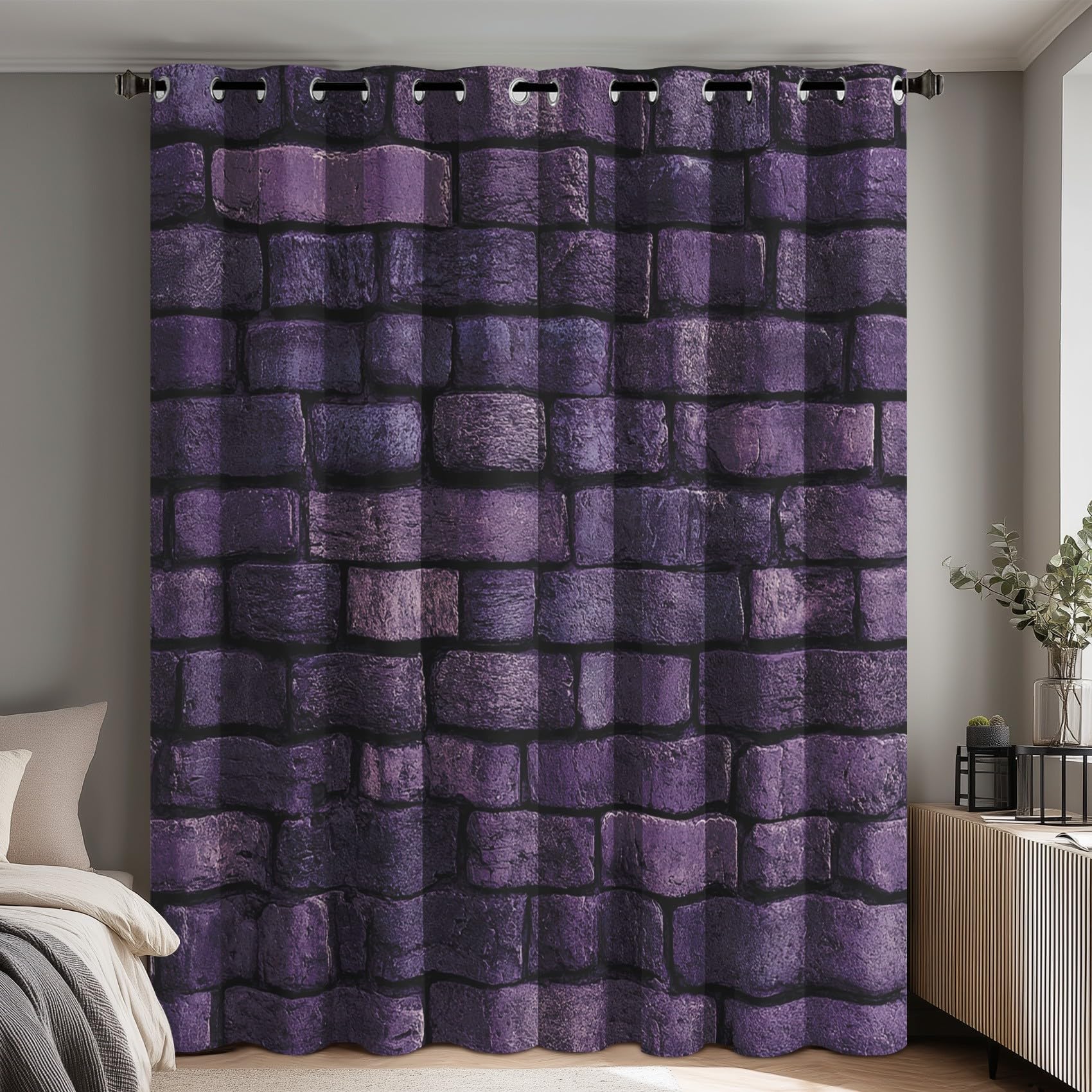 Generisch 3D Lila Ziegel Vorhang Blickdicht, 95% Blickdichte Vorhänge Steinmauer Landhausstil, Verdunkelungsvorhang 245x140 2er Set, Schlafzimmer Wohnzimmer Gardinen mit Ösen Q-D27