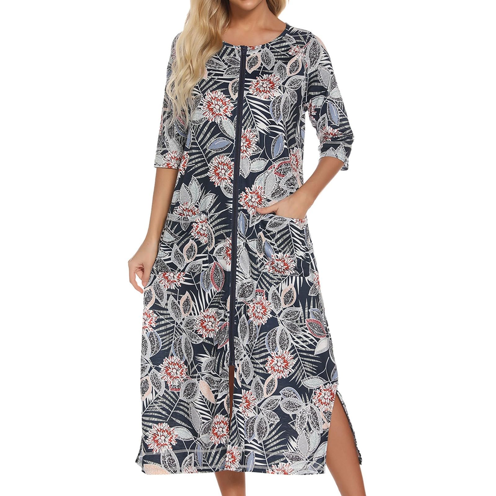 Generisch Vestido de verano para mujer, albornoz con cremallera frontal, albornoz de media manga, bata de algodón suave con bolsillos