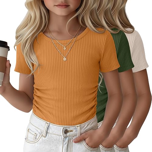Oakgarden 3 Pack Girls' Short Sleeve T Shirts, 3-Color, 13-14 Years