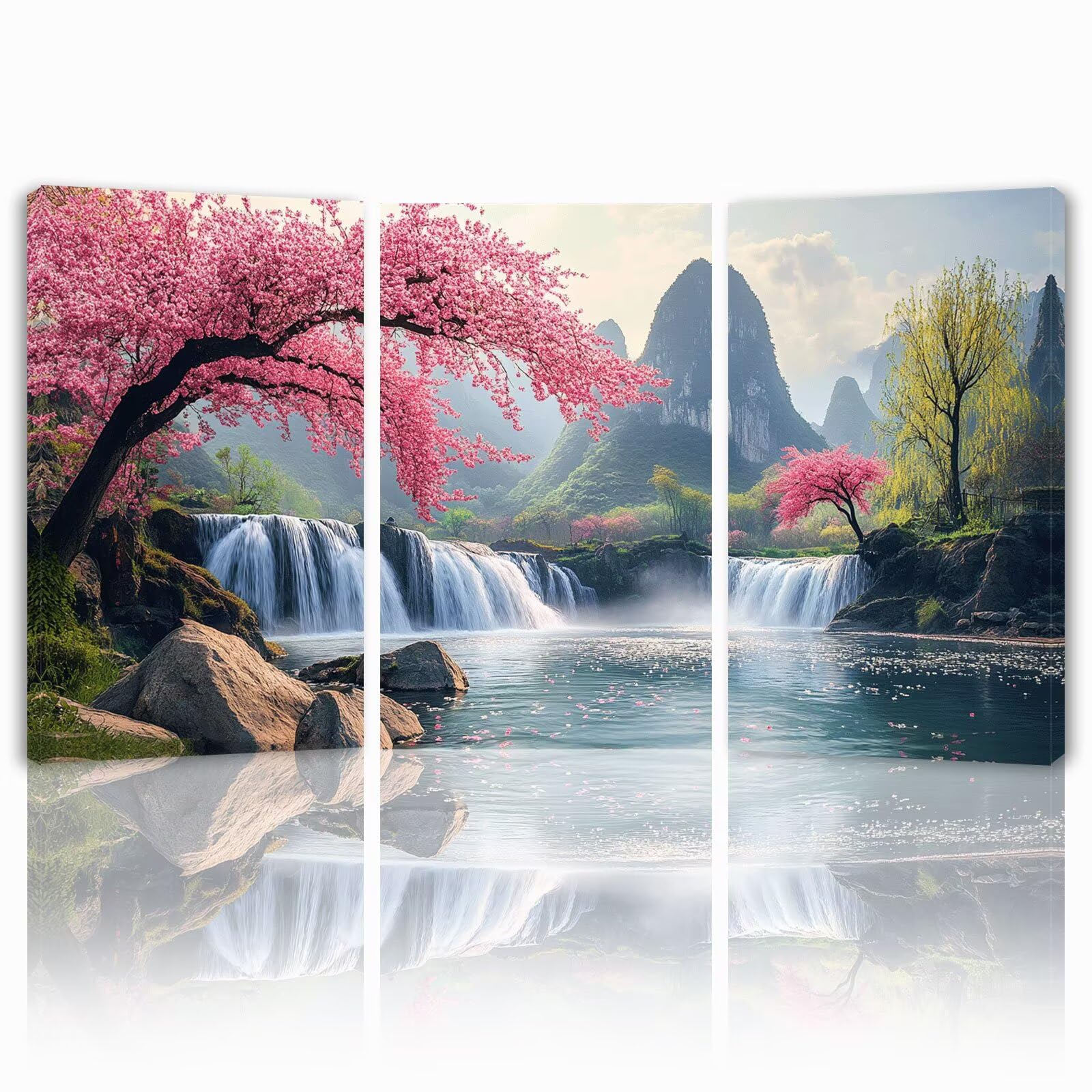 Tableau Decoration Murale Japon Cadre en Bois Impression sur Toile, Peinture Poster Mural Tableau Arbre Triptyque pour Moderne Salon Chambre Restaurant Maison Bain Cuisine 35x50 cmx 3pcs 1f-1070