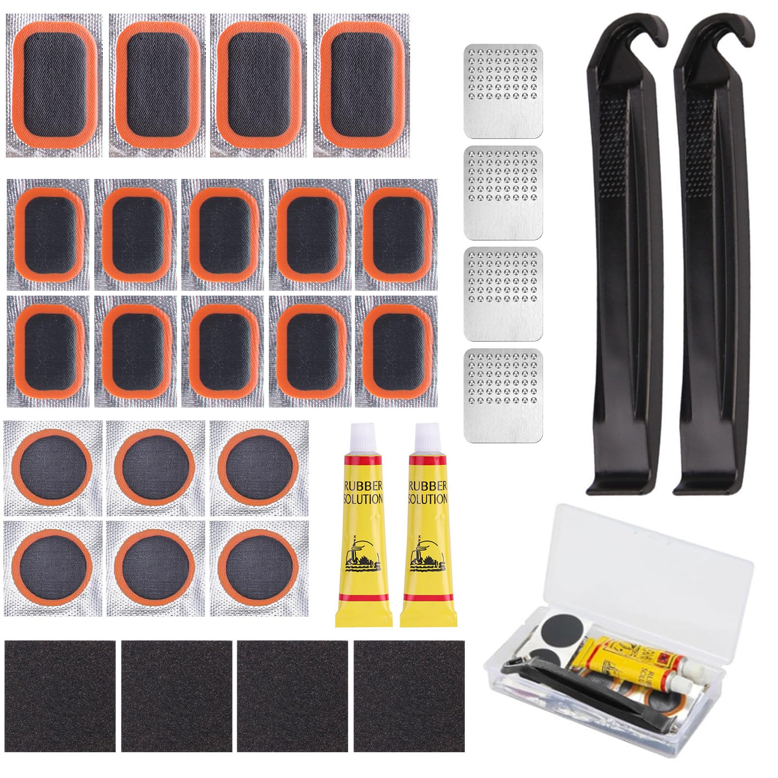 Kit Riparazione Pneumatici Bici con 20 Toppe in 3 Misure, 2 Colla, 2 Levagomme, 4 Lime Metalliche, Accessori Portatile per Camera d'Aria di Bici, Moto e Scooter Elettrico
