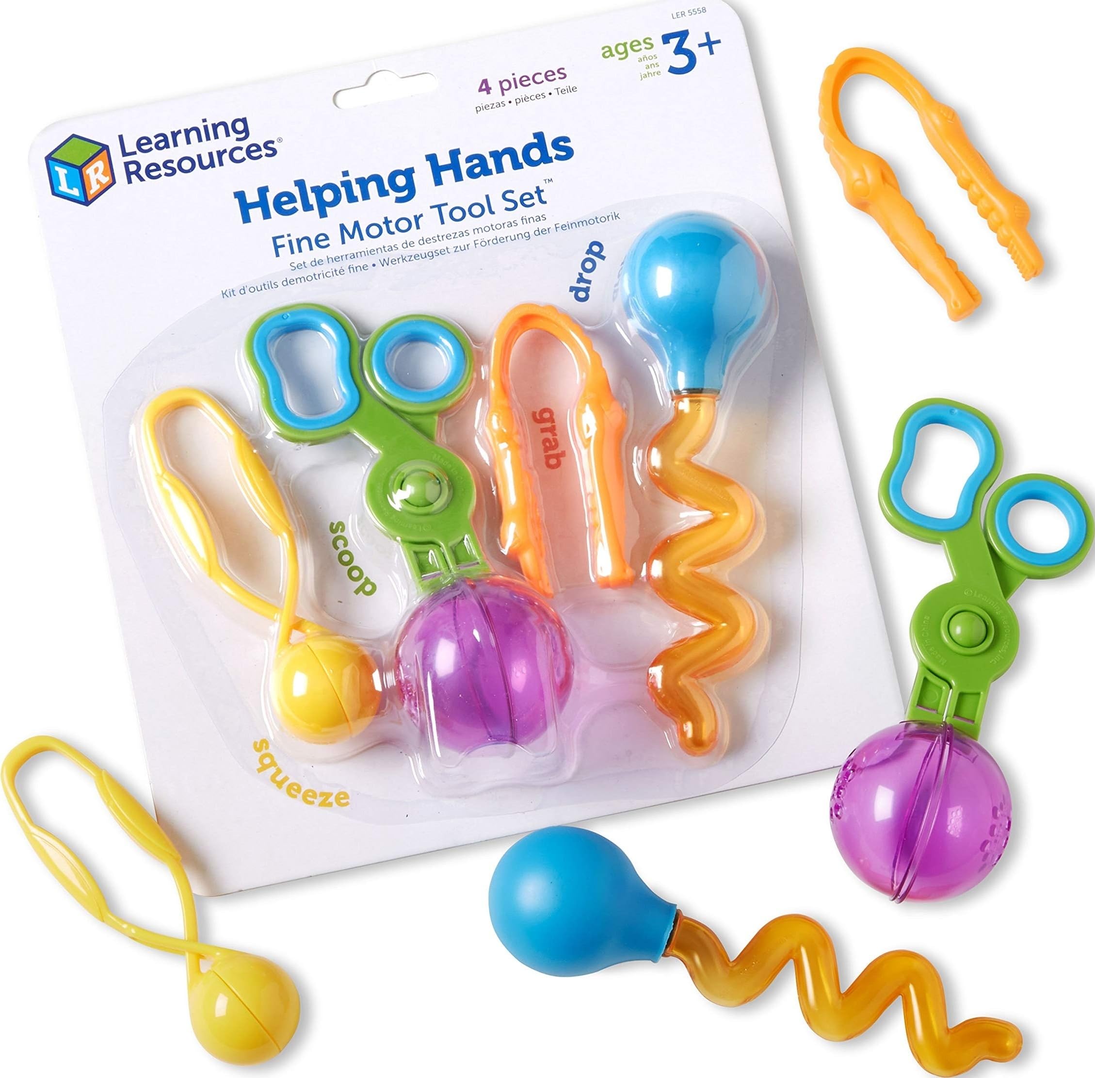 Learning Resources Helping Hands – Set di 4 Strumenti motricità fine: Pinzette Gator, Cucchiaio-Forbice, Pipetta Twisty & Pinza Squeezy, Giochi sensoriali 3-7 Anni