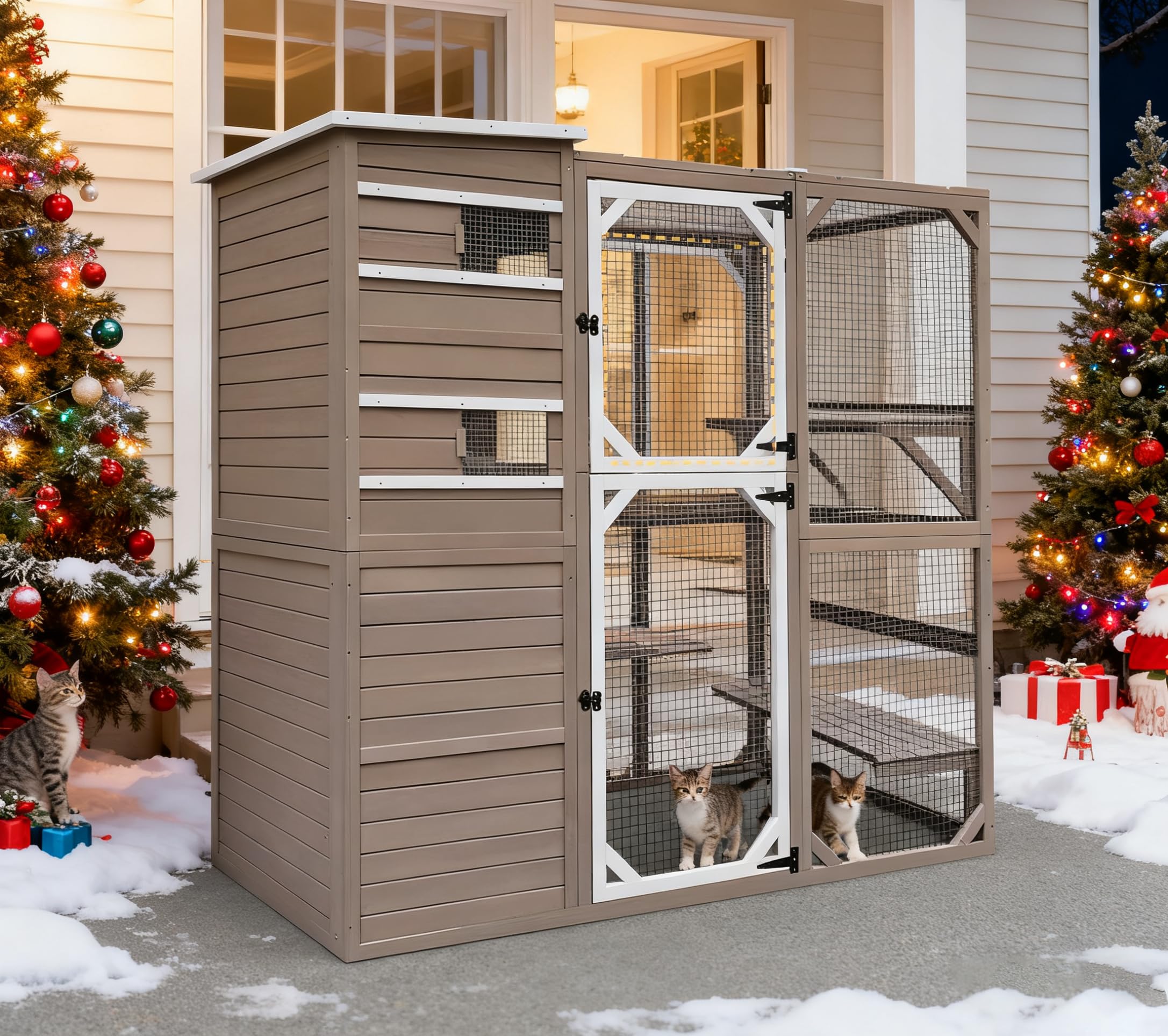 Catio Outdoor Cat Enclosure, Large Cat House Cat Cage Condo Indoor Playpen Kitty Shelter with Multi-Level Platforms, Waterproof Roof, Pull-Out Tray, and 2 Resting Boxes