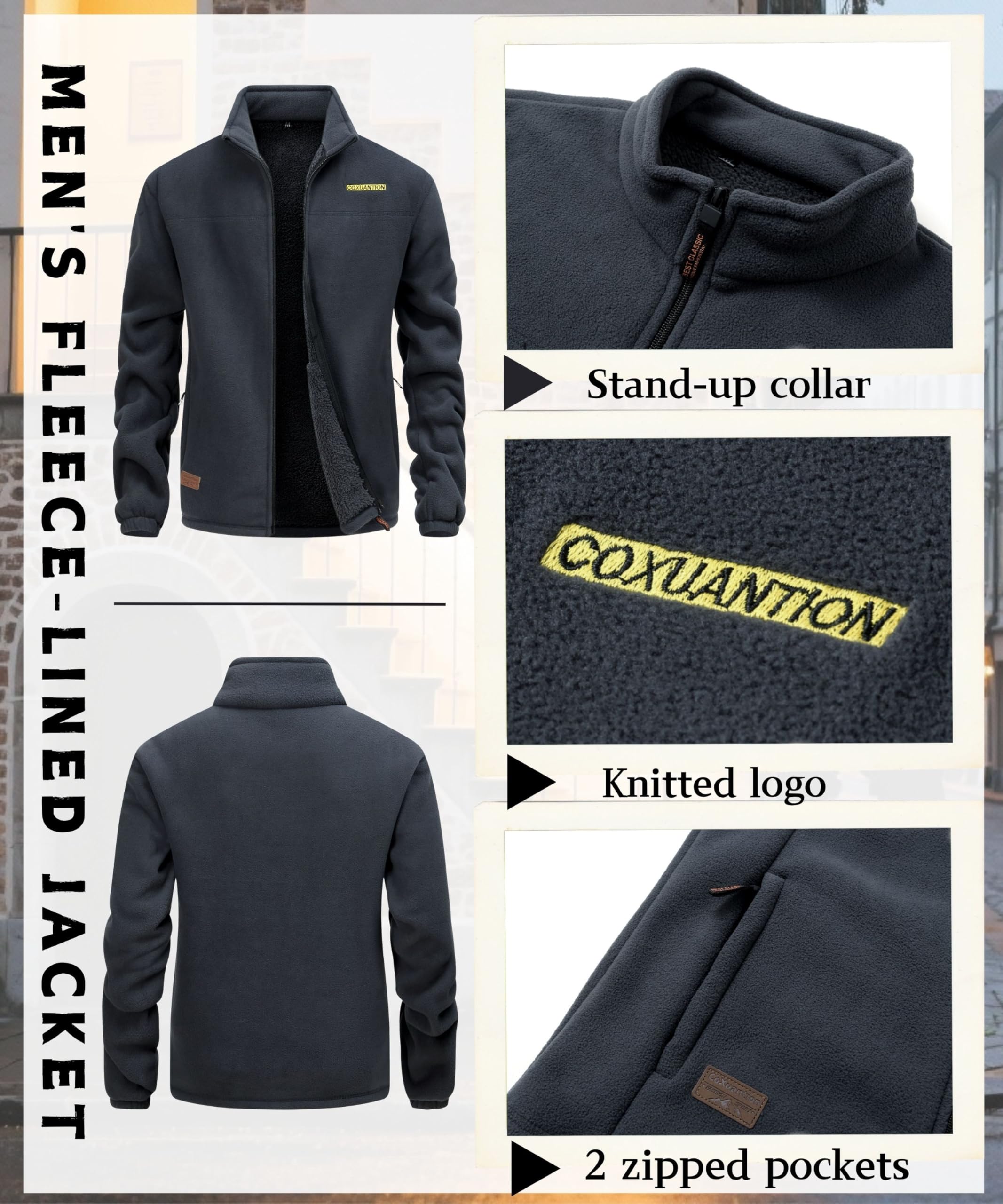Hombres Chaqueta de Forro Polar Invierno Cuello Alto Ligero Chaqueta con 4 Bolsillos Cremallera Completa Manga Larga Senderismo Trekking Deportiva