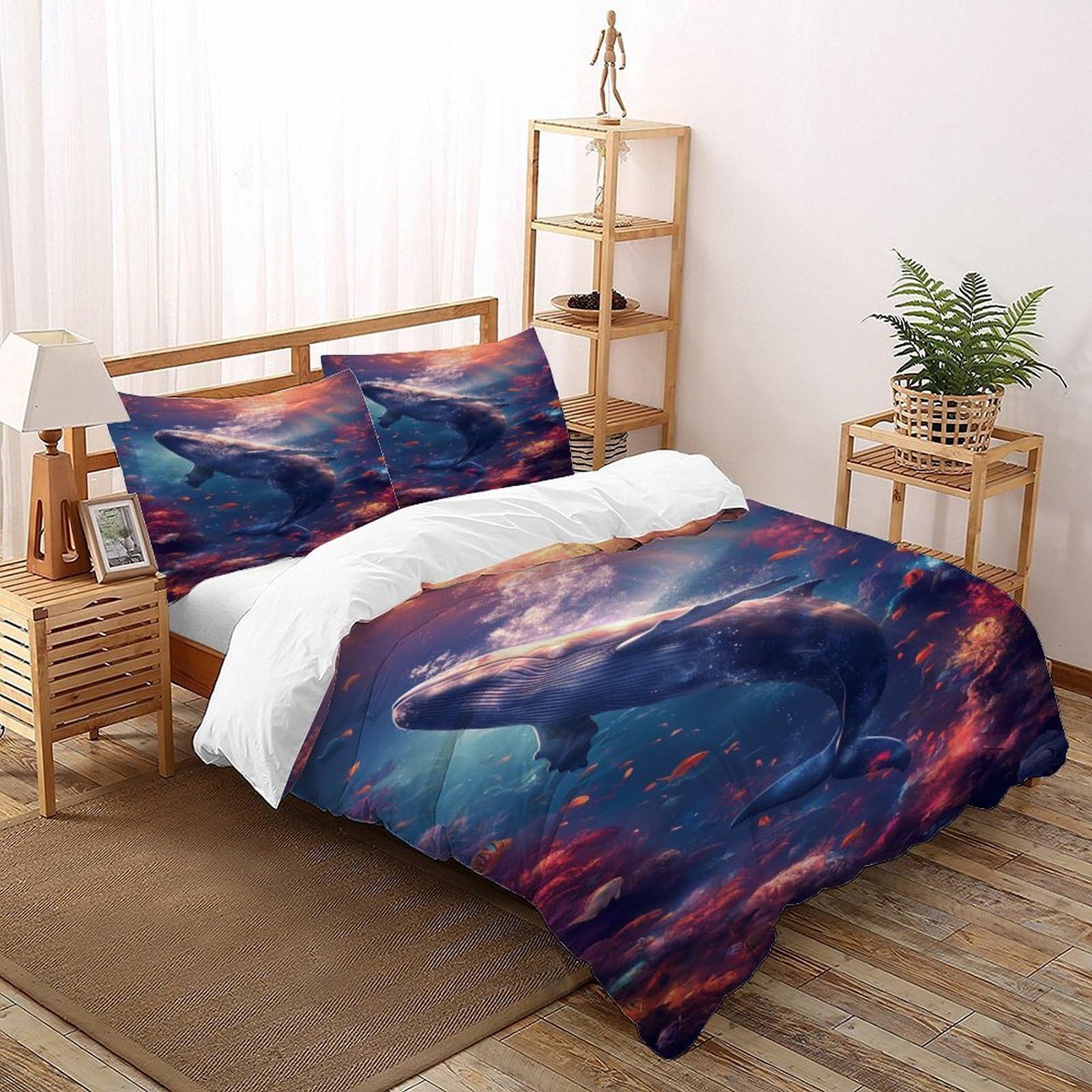 Whale Coral Bedding Set 3D Design Animal Theme Wildlife Marine Animal Duvet Cover Set Chic Breathable Comforter Cover Suitable for Family,couple,children Pillowcase Double（200x200cm）