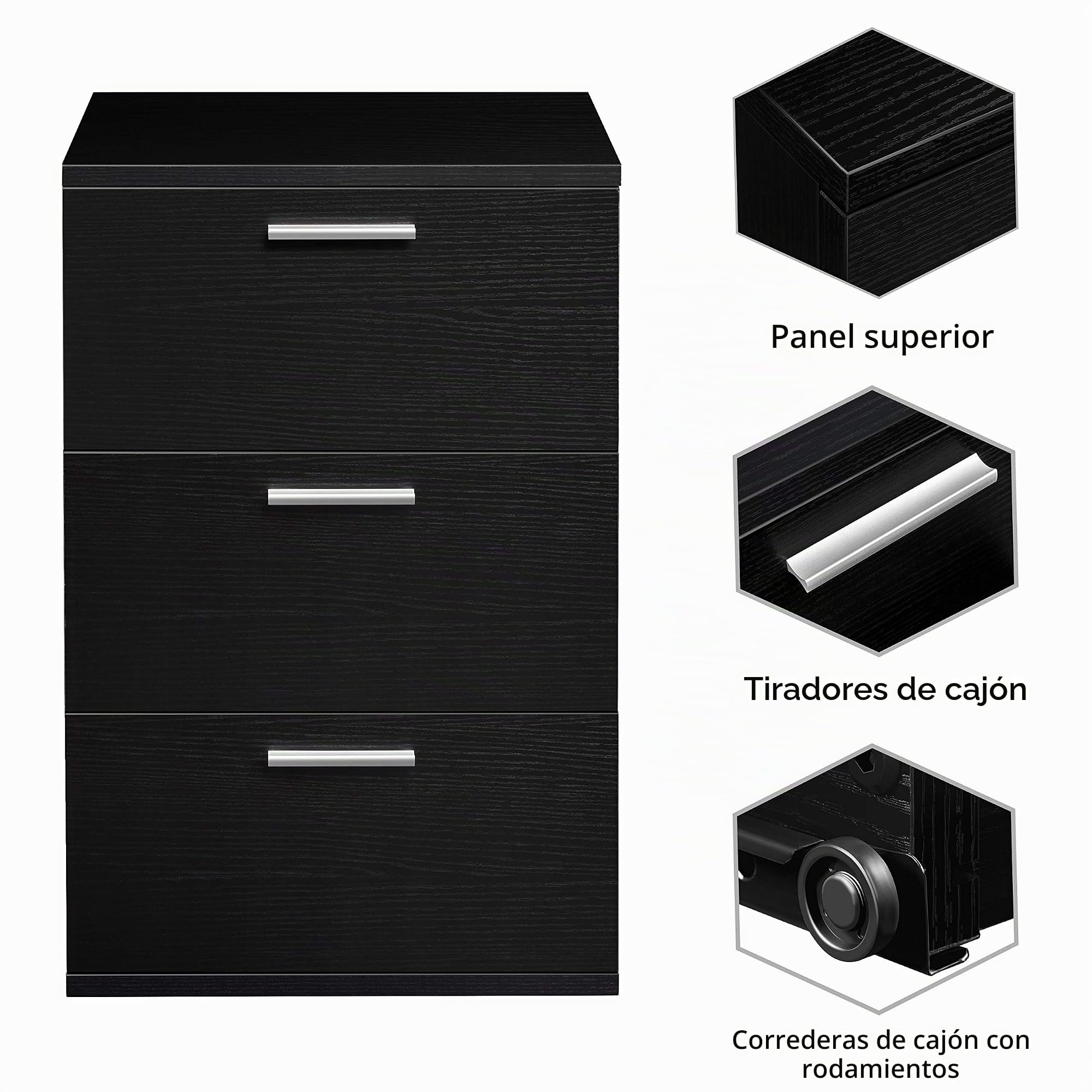 Yaheetech Mesita de Noche Negro con Tres Cajones para Dormitorio | Mesilla Auxiliar Moderna para Salón Café Cama Sofá Minimalista Mesa de Noche 40x35x60 cm