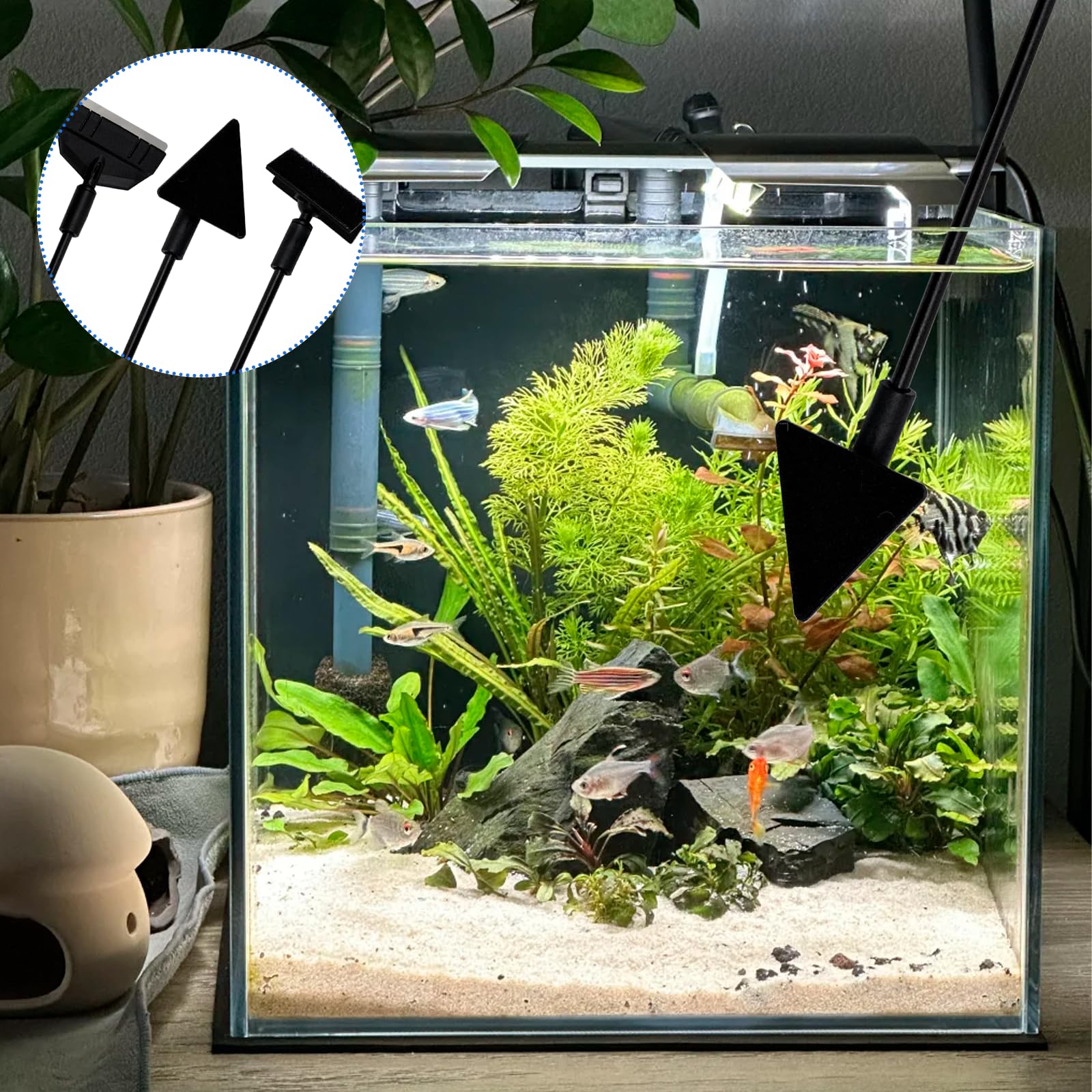 Kit de Nettoyage Aquarium 3-en-1 36 cm, Nettoyeur de Vitres avec Grattoir à Algues, Brosse Triangulaire et Brosse d’Angle, Têtes Interchangeables pour Nano Aquariums