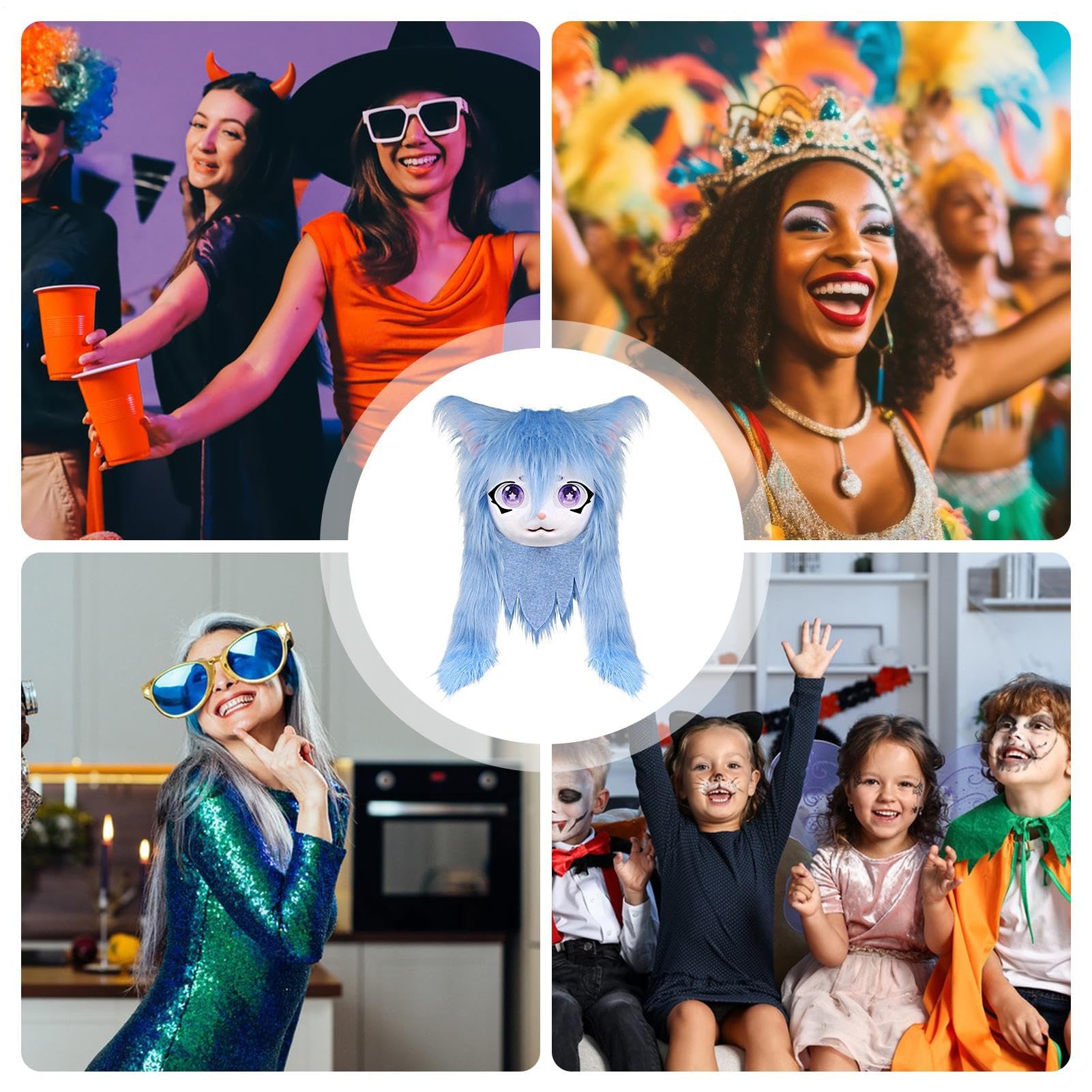 Cabezas peludas para cosplay, máscara de gato con ojos grandes, pelo largo, accesorio de disfraz realista, accesorios de cosplay para actuaciones de teatro, fiesta de Halloween, bailes de máscaras