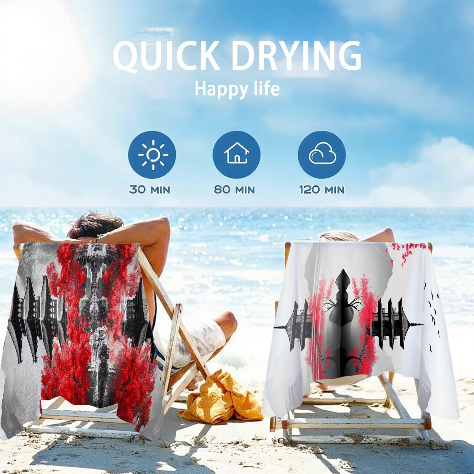Mikrofaser Strandtuch 90x200cm, Kirschblüten Strandtuch Landschaft Saunahandtuc 2 Stück Stranddecke Sandfrei, Schnell Trocknendes, Saugfahiges Strandmatte für Reise Urlaub Schwimmen Camping OC-159