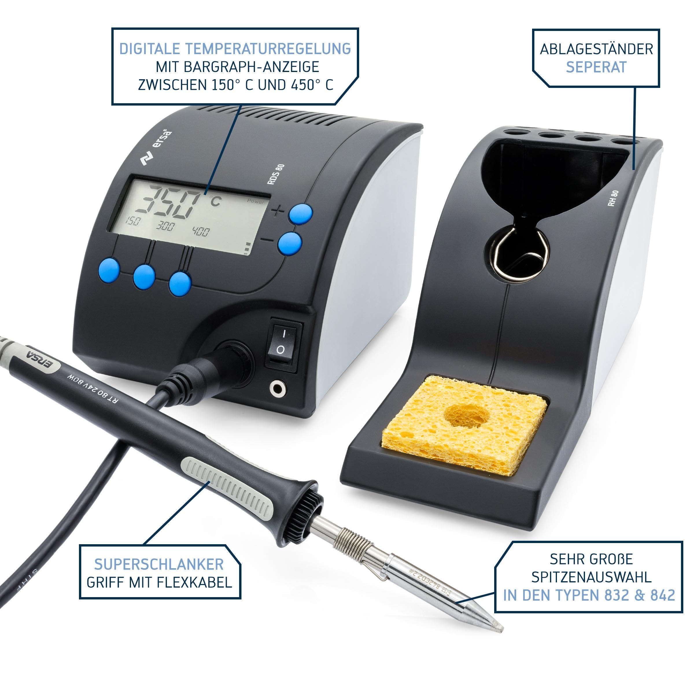 ERSA RDS80 Digital Lötstation 80W Leistung mit einstellbarer Temperatur 150 – 450 °C inkl. Lötspitze 2,2mm meißelförmig ERSADUR und Standby/Schlaffunktion