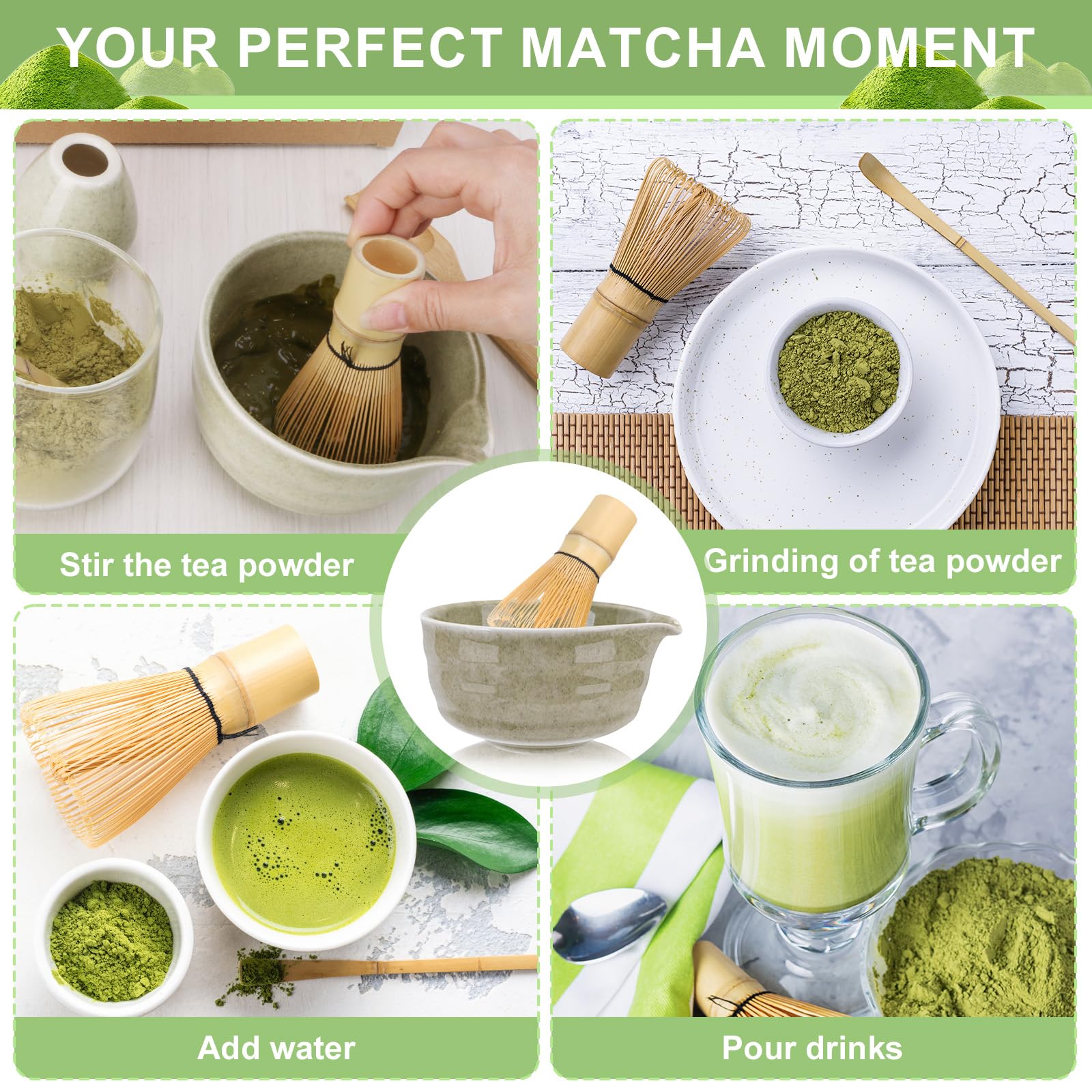 LUIIKEN Matcha Micha-roerderset, kom met tuit, roerder en standaard, matchalepel, theelepel, matchabezem, set van 5 Japanse accessoires