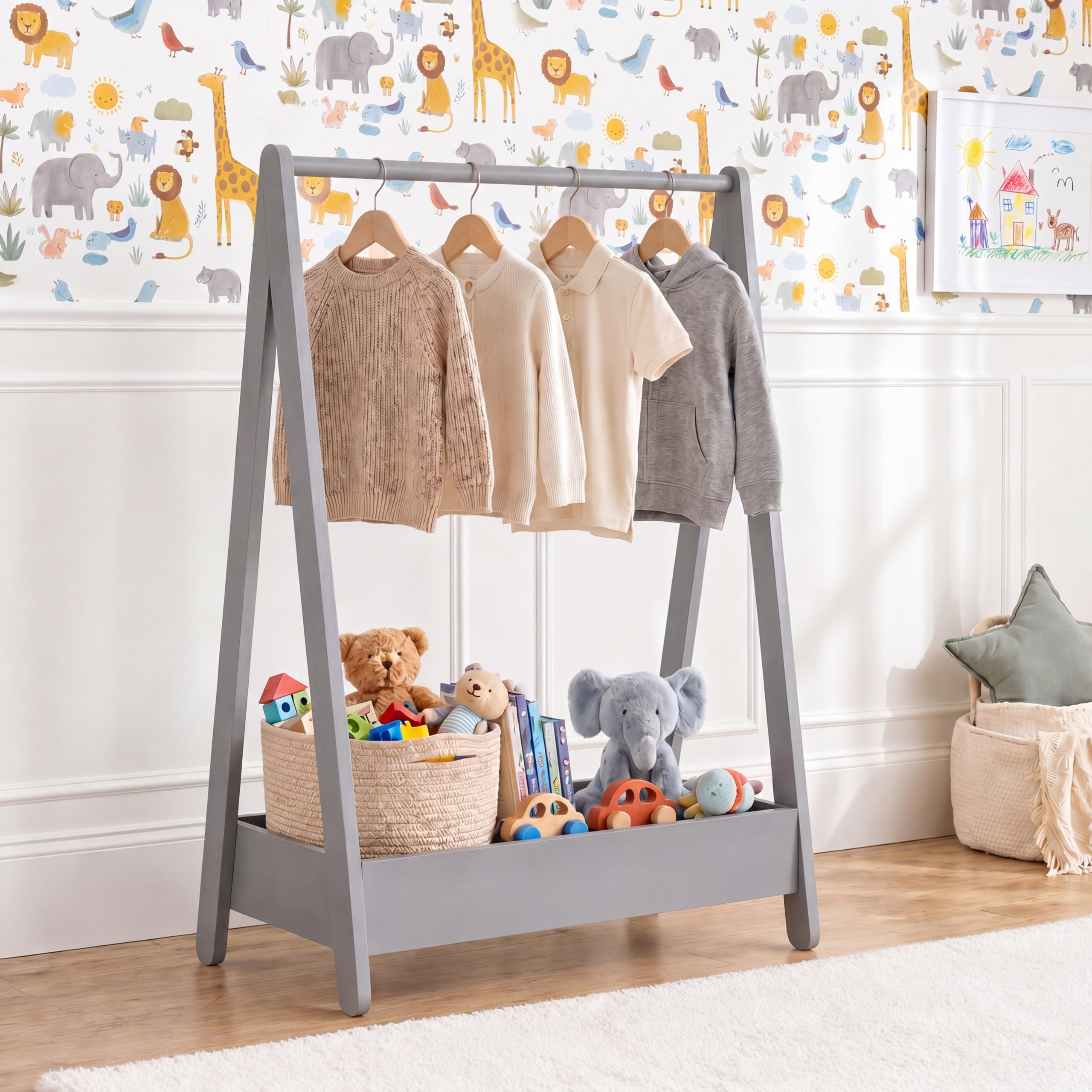 Junior Vida Kids Clothes Rack | Grey | 99H x 64.5W x 42D cm | Solid Pine Wood | Space-Saving Hanging Dress Rail | Extra Storage Shelf | Portable | Toys, Footwear | Children Bedroom Furniture
