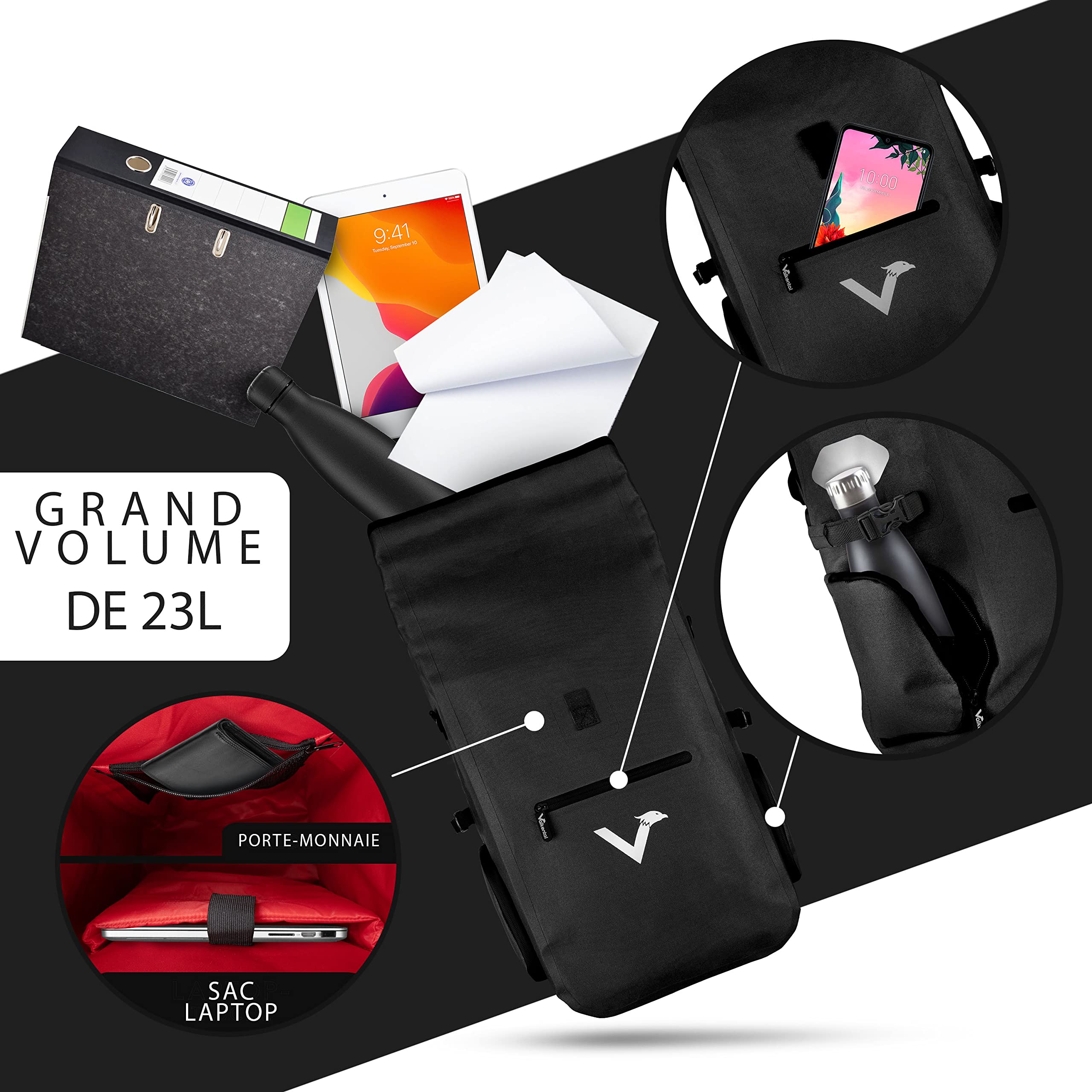 Valkental - Sacoche de vélo Haut de Gamme 3 en 1 - TPU respectueux du Climat - 23L - Convient comme Sacoche de Porte-Bagages, Sac à Dos et Sac bandoulière - 100% étanche