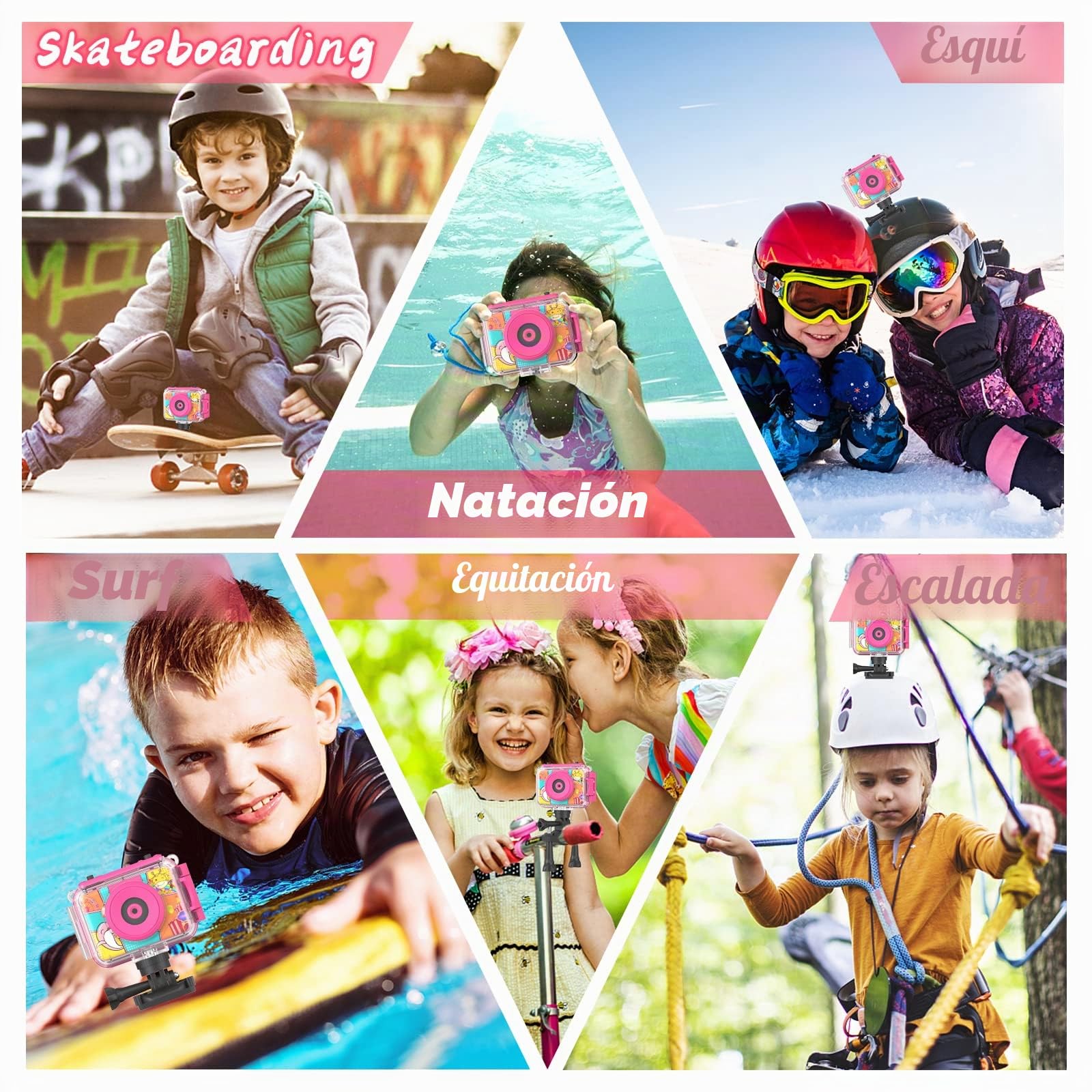 Ushining Cámara Fotos Infantil Impermeable, 12MP HD 1080P Videocámara de Acción Subacuática para Niños con Pantalla de 2,0 Pulgadas, Tarjeta 32GB TF, Regalo 3-12 Años, Rosa