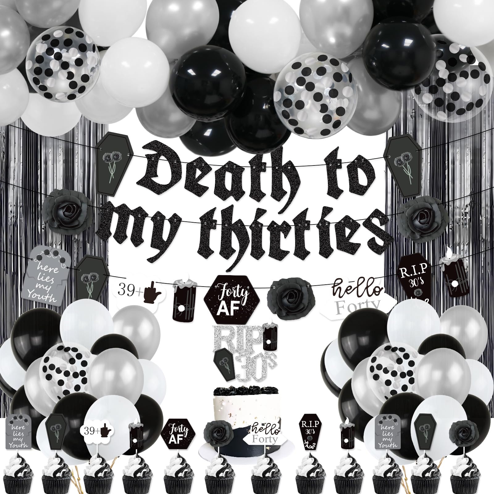 40th Birthday Decorations for Men Women, Death to My 30s Birthday Decorations, Death To My Thirties Banner Black Confetti Balloon,Cake Topper,Fringe