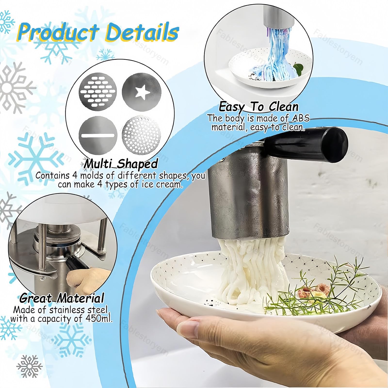 Máquina para Hacer Helado Espagueti Multiforma con 4 Moldes Intercambiables, Depósito 420ml/Acero Inoxidable/Inicio con 1 Botón, 80W Profesional para Heladerías & Tiendas de Gelato 110V