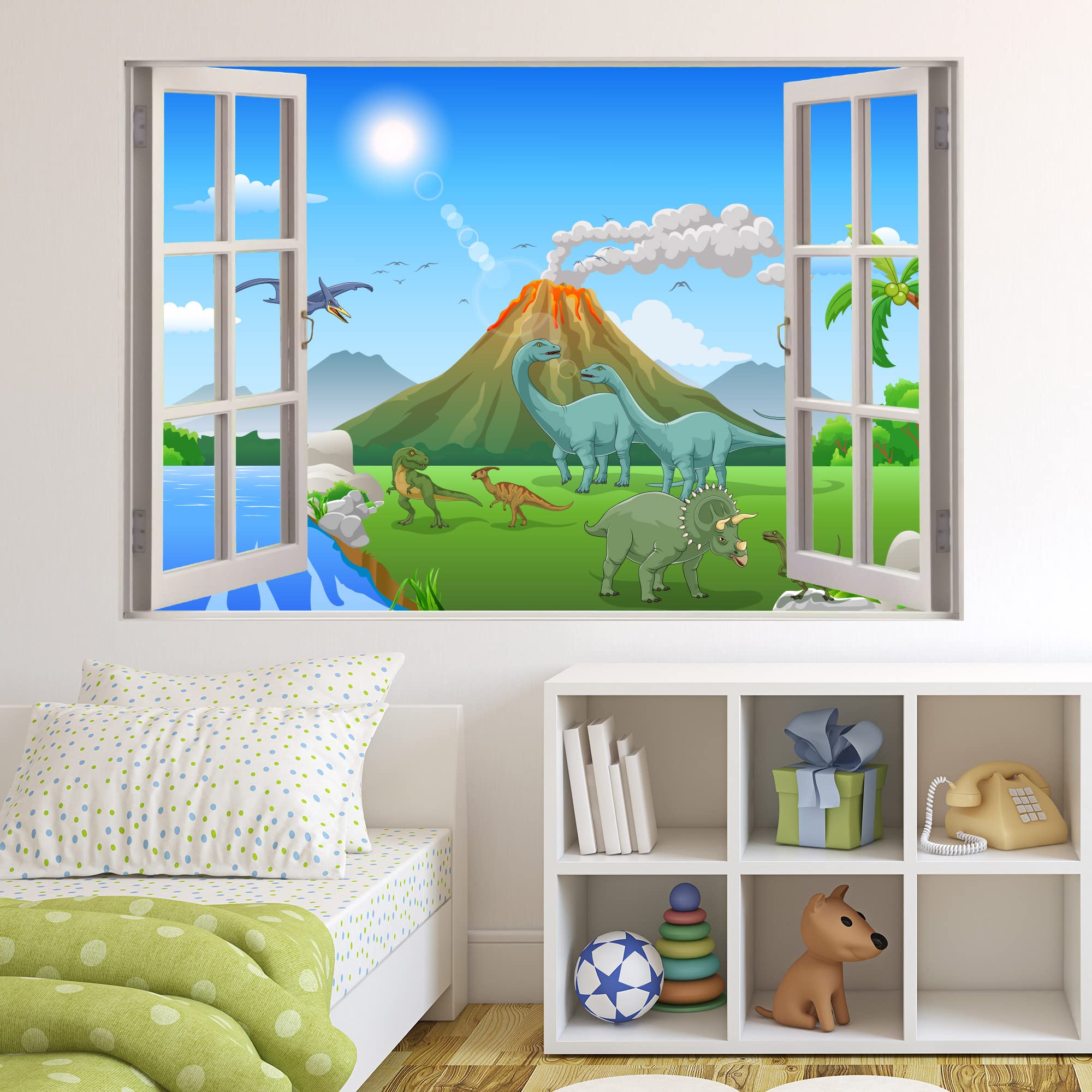 Dinosaur Wall Sticker - Cartoon Dinosaur Land with Erupting Volcano Window Wall Decal Kids Art (90cm Width x 60cm Height)