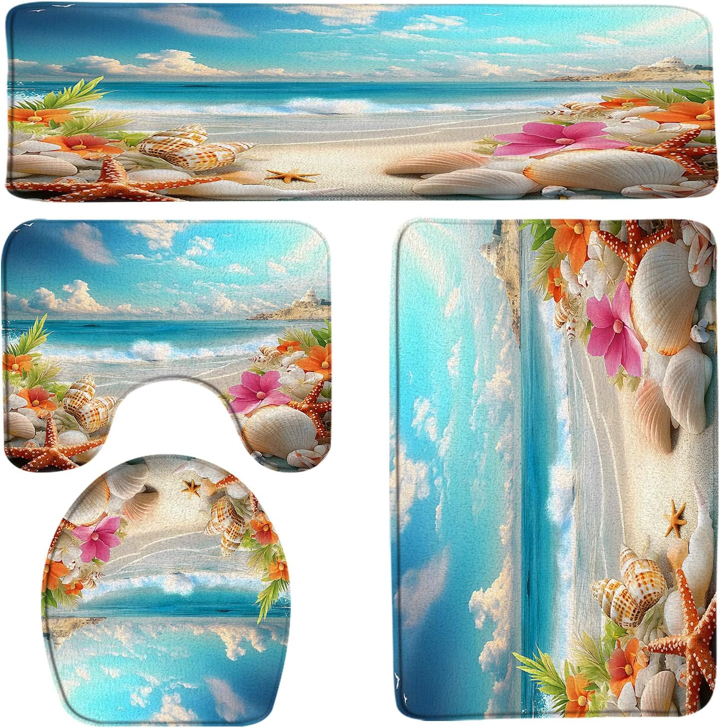 4pcs Beach Ocean Bathroom Rug Sets,Starfish Seacoast Sand Seashells Tropical Floral Leaves Wildlife Hawaii Coastal Seaside Seascape Island Bath Mat,Toilet Cover,U-Shaped Toilet Mat