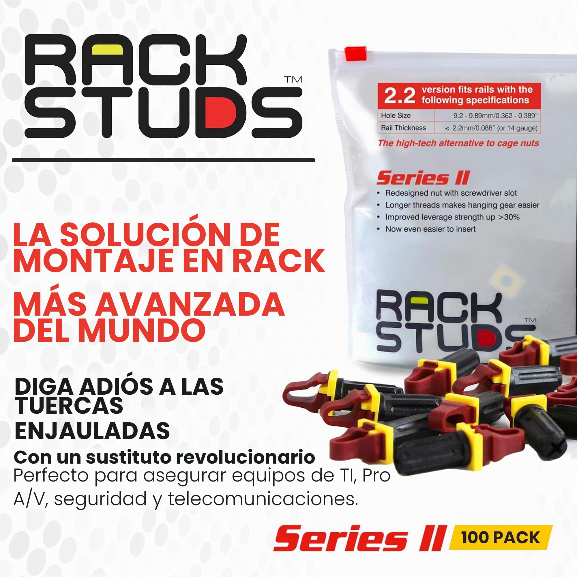 R100 II - Tornillos para Rack de Servidores para Rieles de Rack de 19" con Perforaciones Cuadradas Verticales, Pernos de Rack, Tornillos de Montaje en Rack - Paquete de 100 en Rojo 2.22mm/0.086