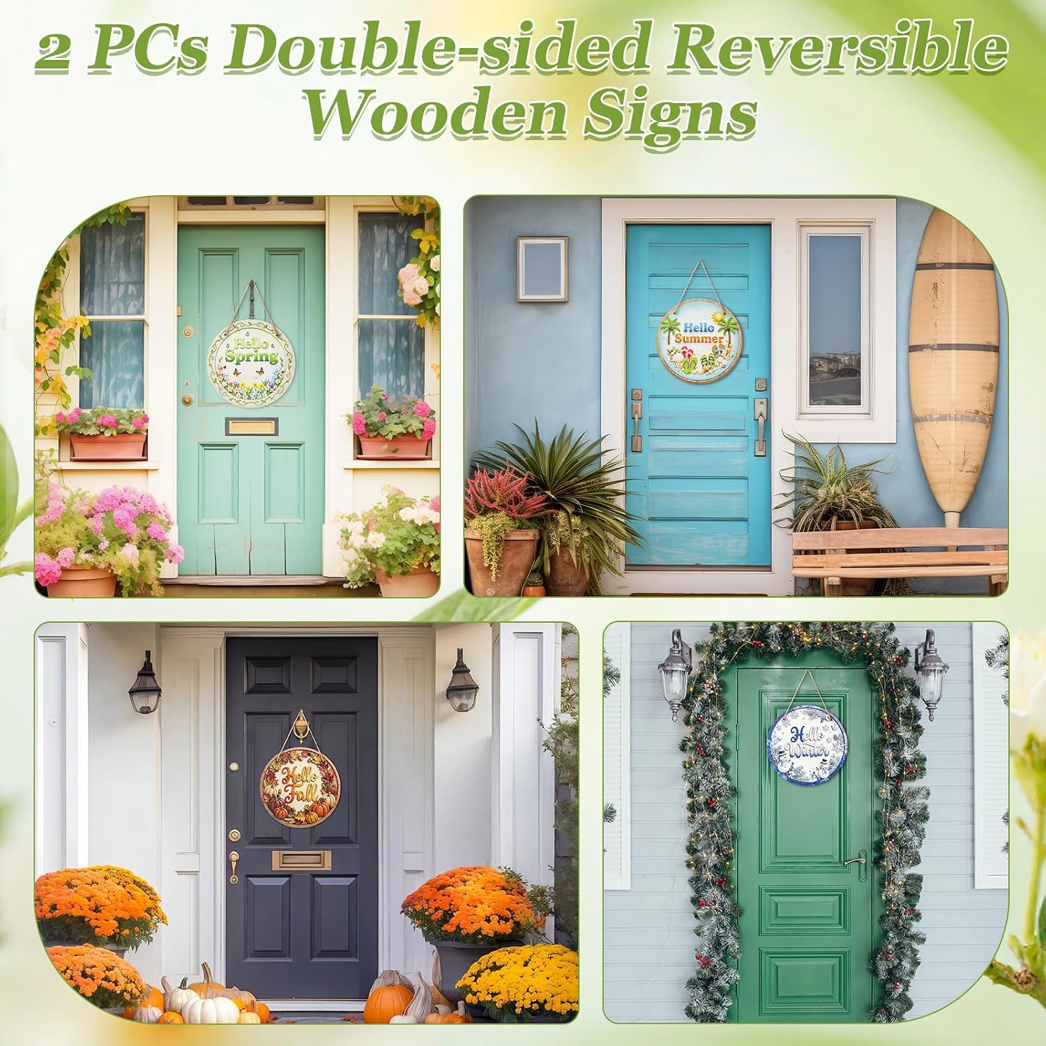 Yousoontic 2 Pcs Reversible Hello Spring Summer Door Sign 11.8 Inch Two Sided Wooden Hello Fall Winter Welcome Wreath Hanger Rustic Farmhouse Gift for Front Door Home Yard Porch Holiday Decoration