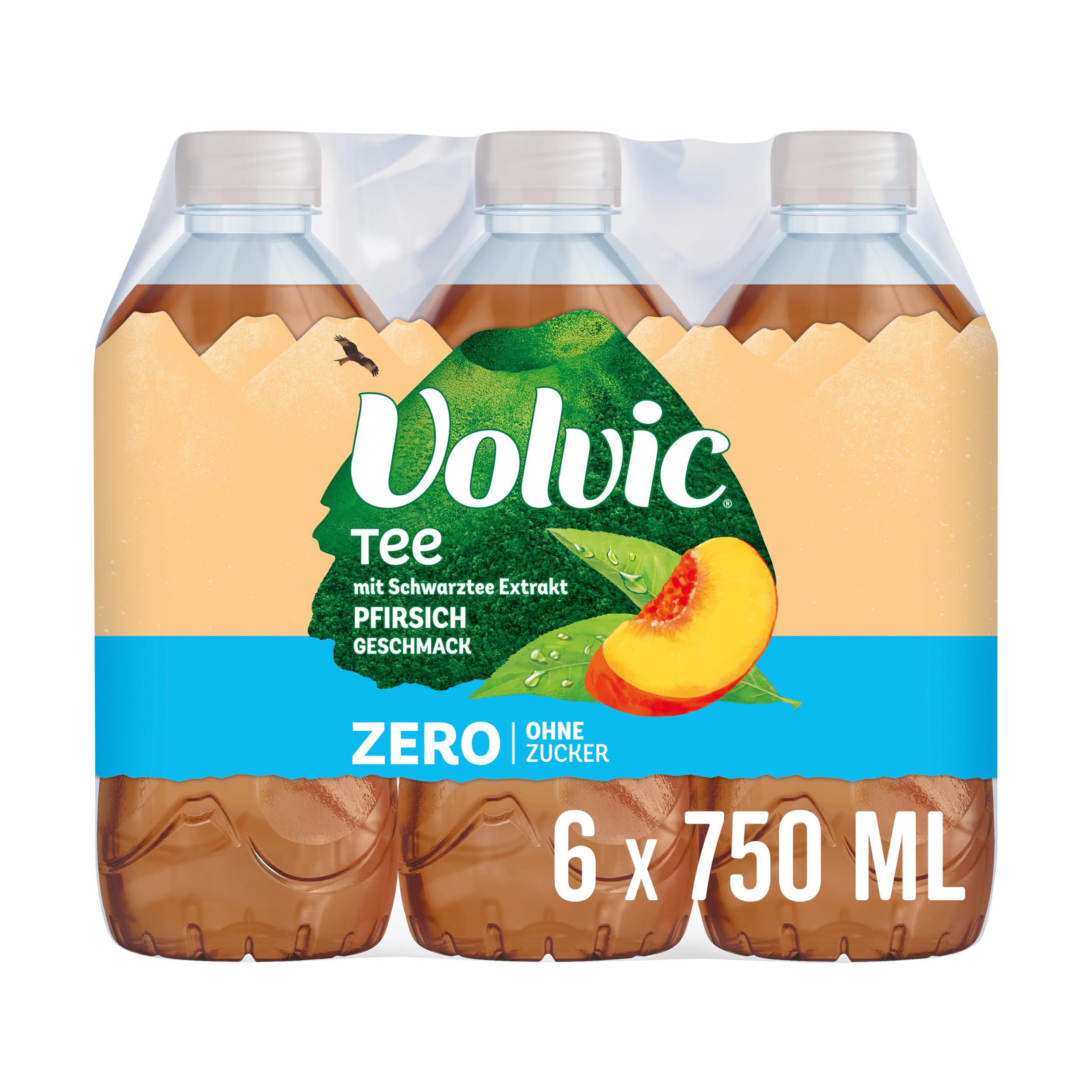 Volvic Tee Zero Pfirsichgeschmack – Erfrischungsgetränk aus Schwarztee-Extrakt mit Pfirsichgeschmack – 6 x 0,75 l